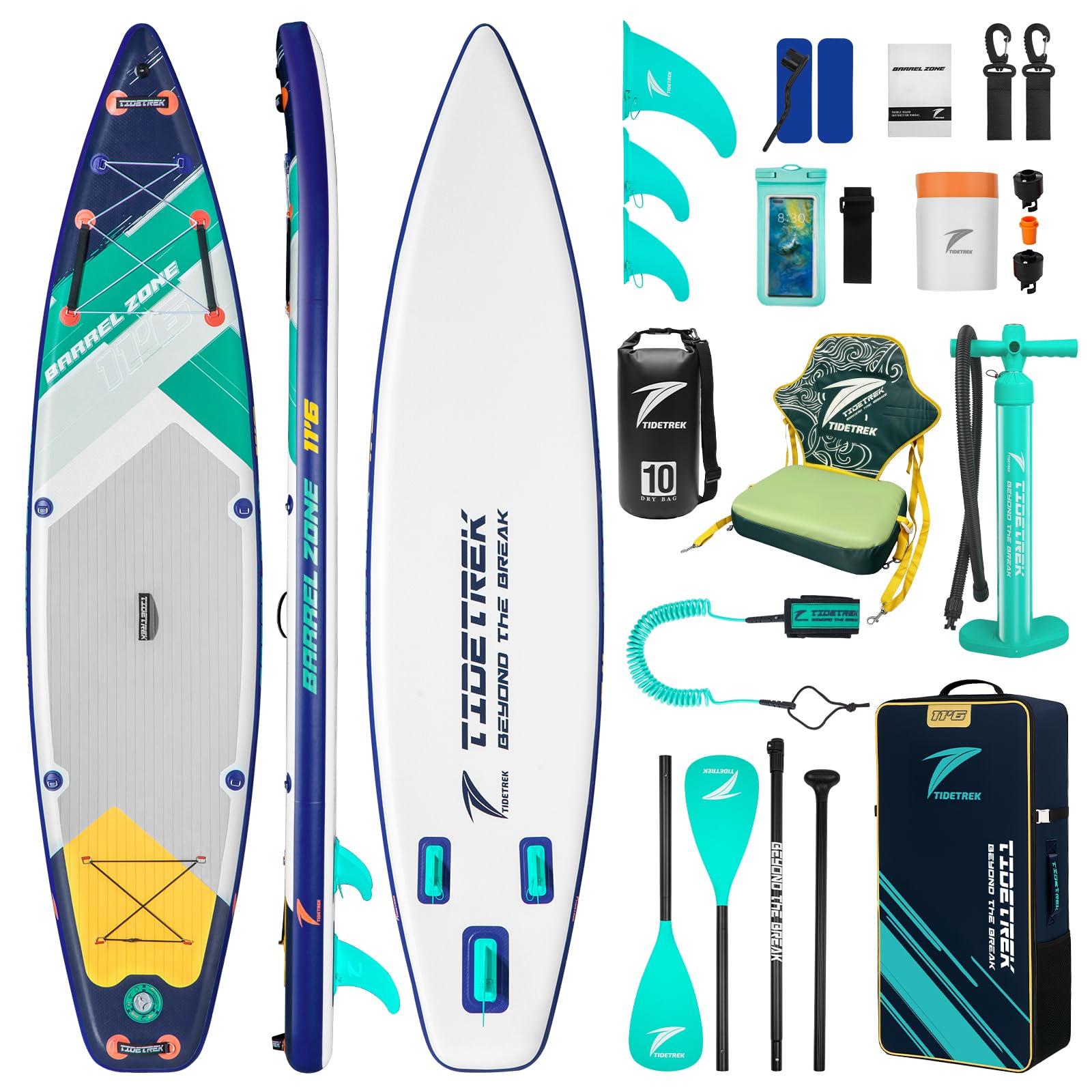 TIDETREK 11'6" Inflatable Stand Up Paddle Boards, Premium SUP Accessories, Non-Slip Comfort Deck for Youth & Adults (Ocean Sunrise/Kayak Seat)