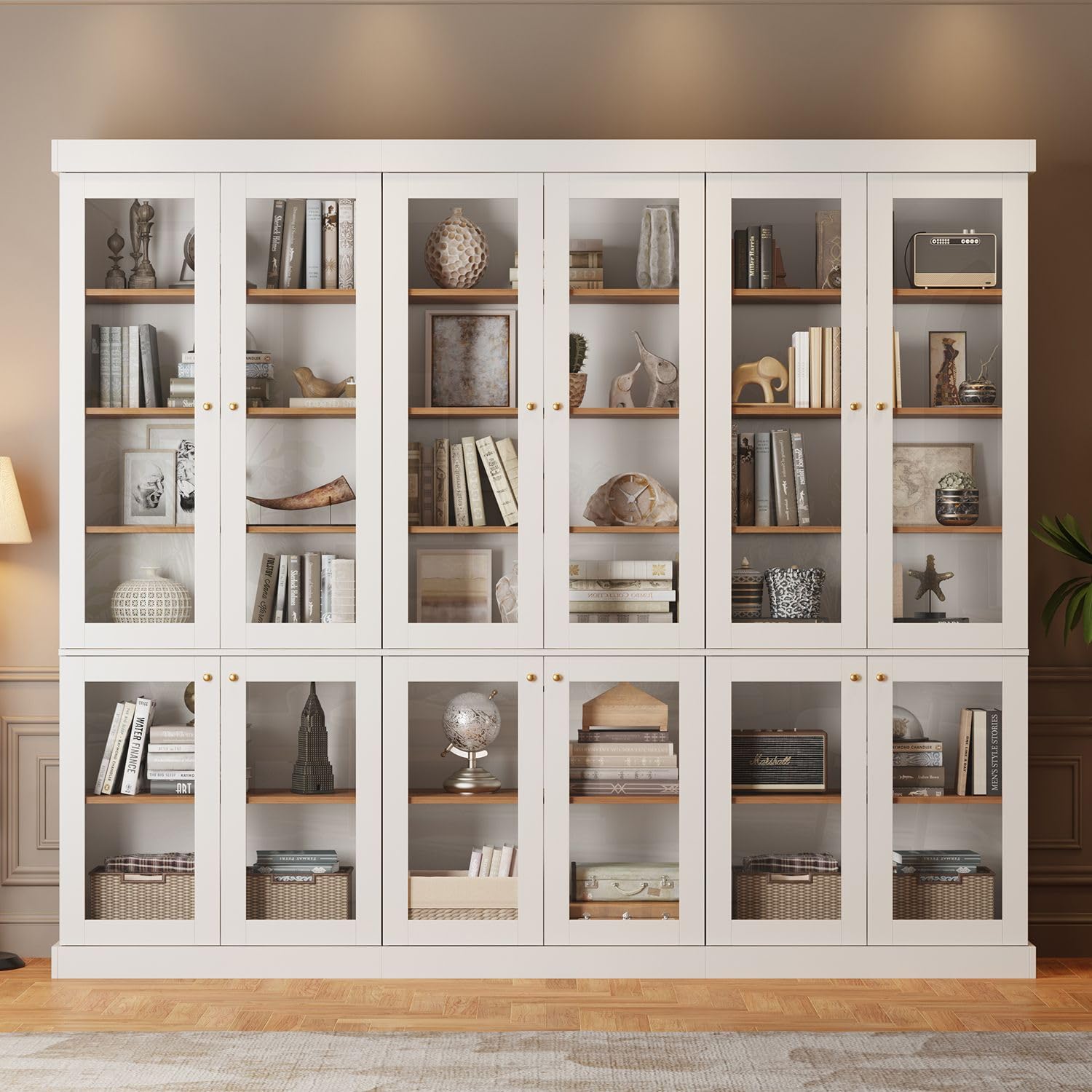 ivaniti 70.8" Bookshelf with Glass Doors, Farmhouse Modular Bookcase with 6-Tier Adjustable Shelves, Large Storage Cabinet for Living Room & Home Office, Set of 3, White