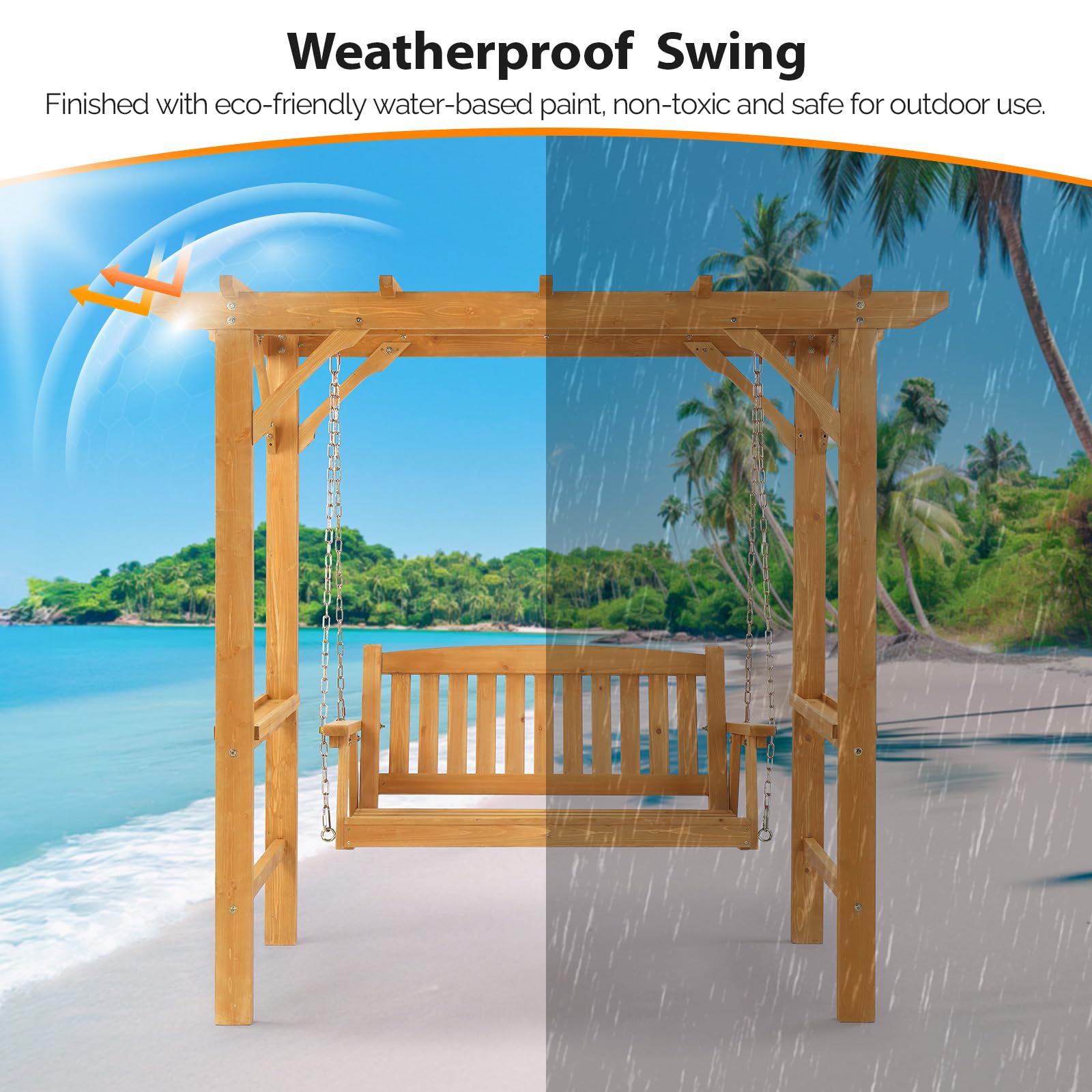 VINGLI 4 FT Heavy Duty Wooden Porch Swing with Stand, Waterproof Patio Swing with Archway-Shaped Swing Set, Outdoor Swing Chair with Frame for Garden, Yard and Patio