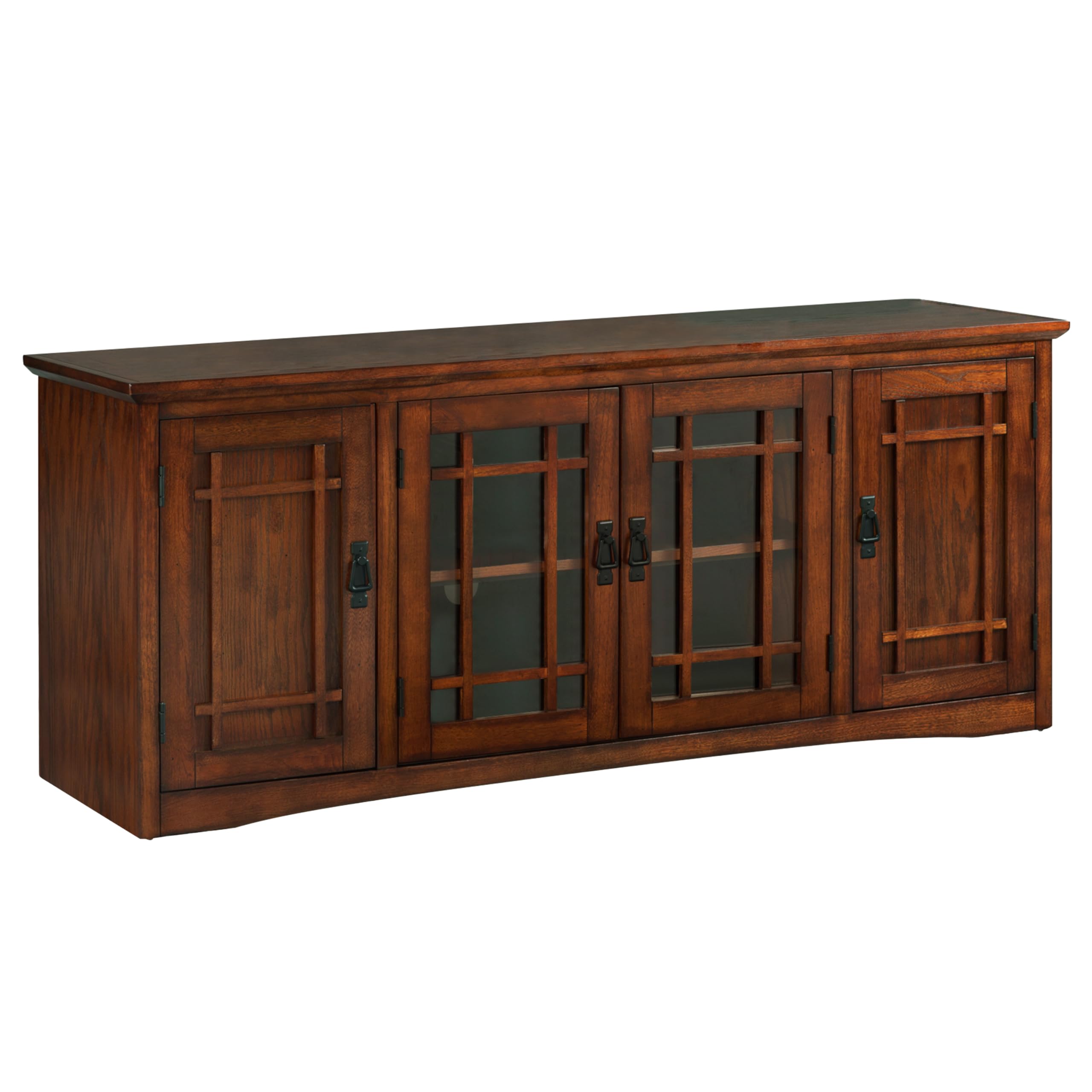 Leick Home 82360 Solid Wood Mission Oak Four Door TV Stand For 65" TVs Universal TV Console Living Room Storage Shelves Entertainment Center, Mission Oak