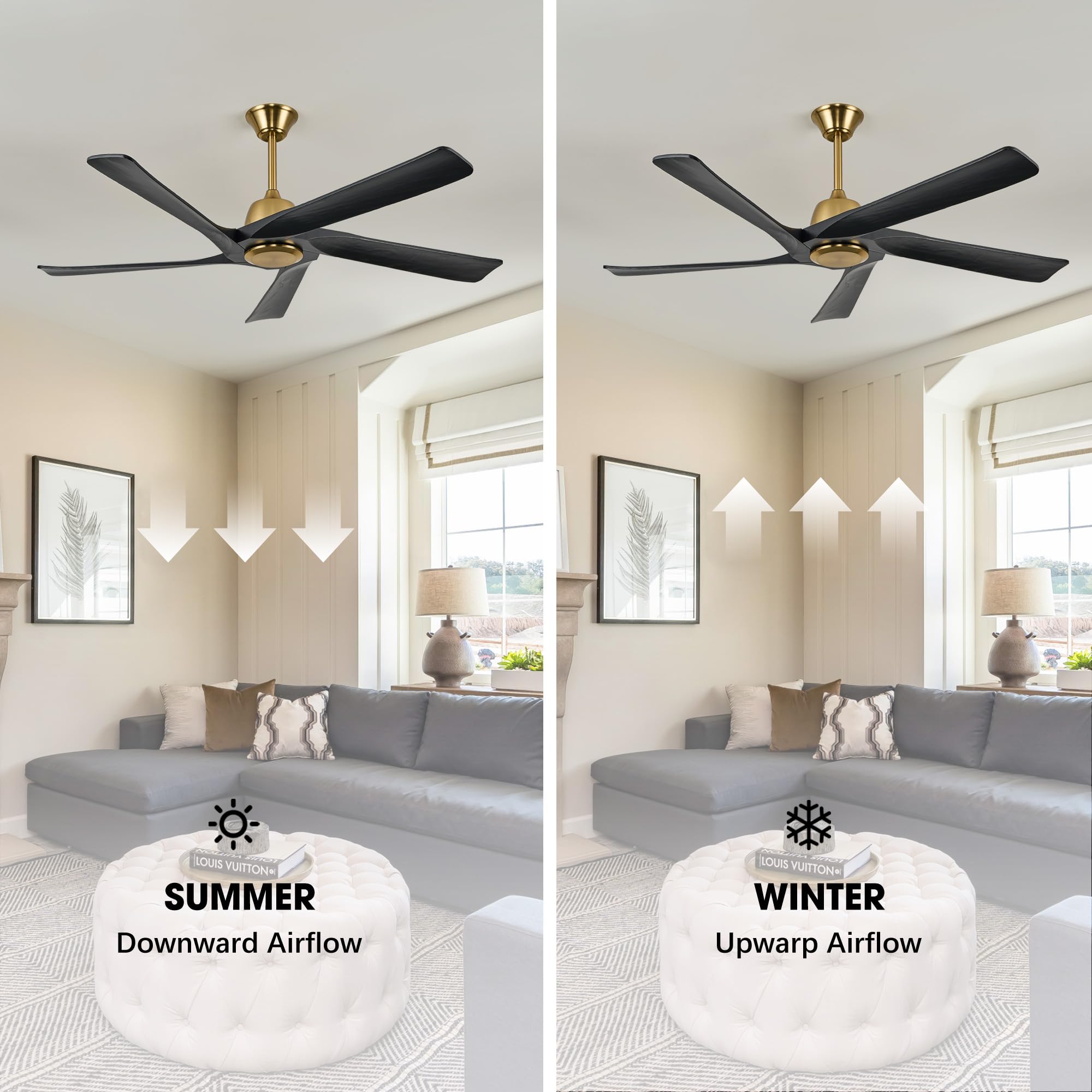 LVYEAYOU 60" Black and Gold Ceiling Fan No Lights, Remote and APP Control, 6-speed Reversible, Quiet DC Motor, Wood Ceiling Fans for Bedroom, Living Room, Office, Outdoor Patio