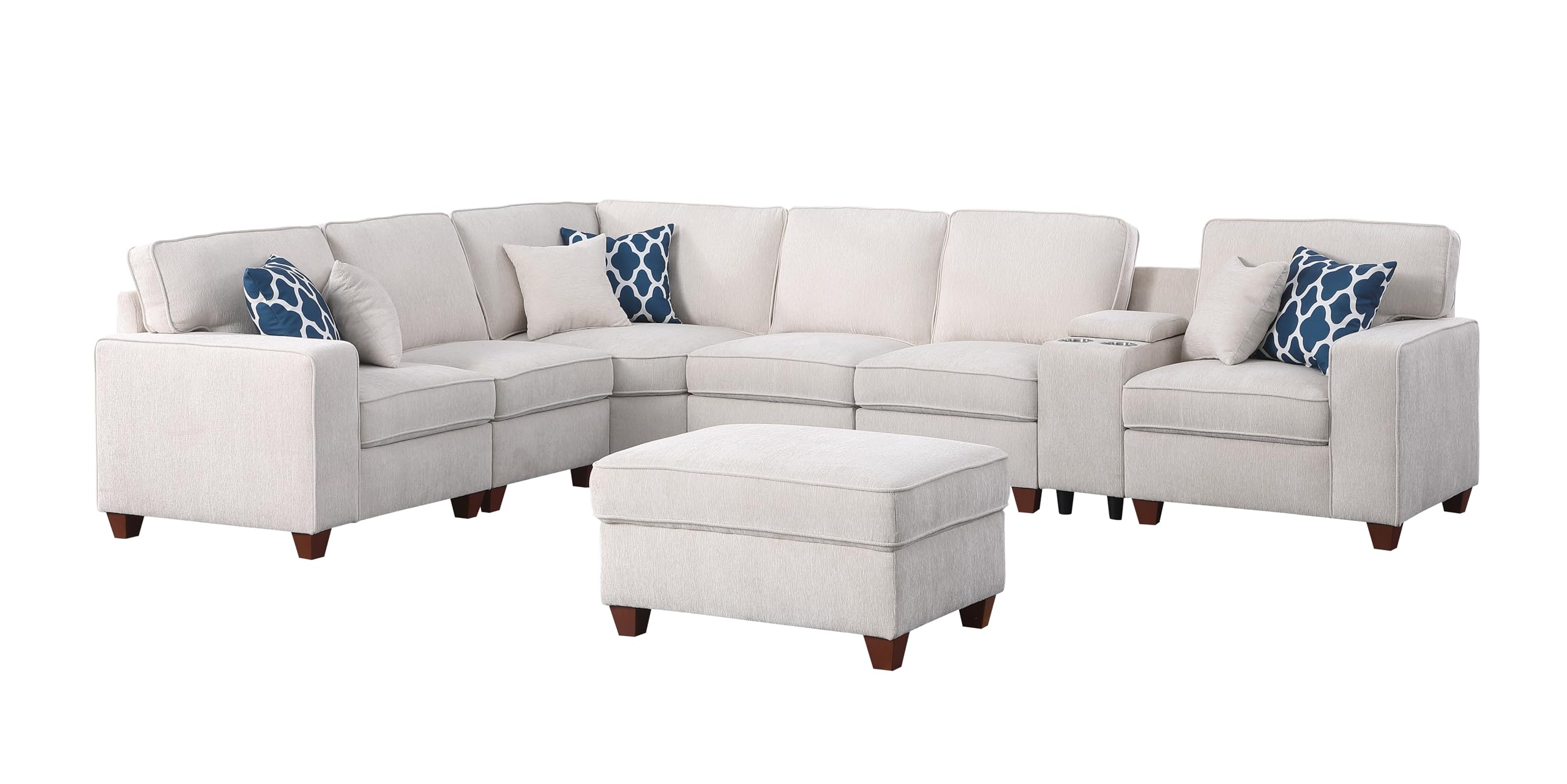 Ball & Cast 127" L-Shaped Sectional Couch with Movable Ottoman&6 Throw Pillow,7 Seat Chenille Upholstered Sofa W/2 Cup Holder,USB Port&Hidden Storage Box,DIY Combination,for Livingroom,Apartment,Beige