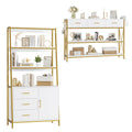 HITHOS Tall Bookshelf, Industrial Console Table with Drawers and Ladder Shelves, Free Standing Storage Cabinet Kitchen Bakers Rack with Microwave Oven Stand for Home Office, White Gold