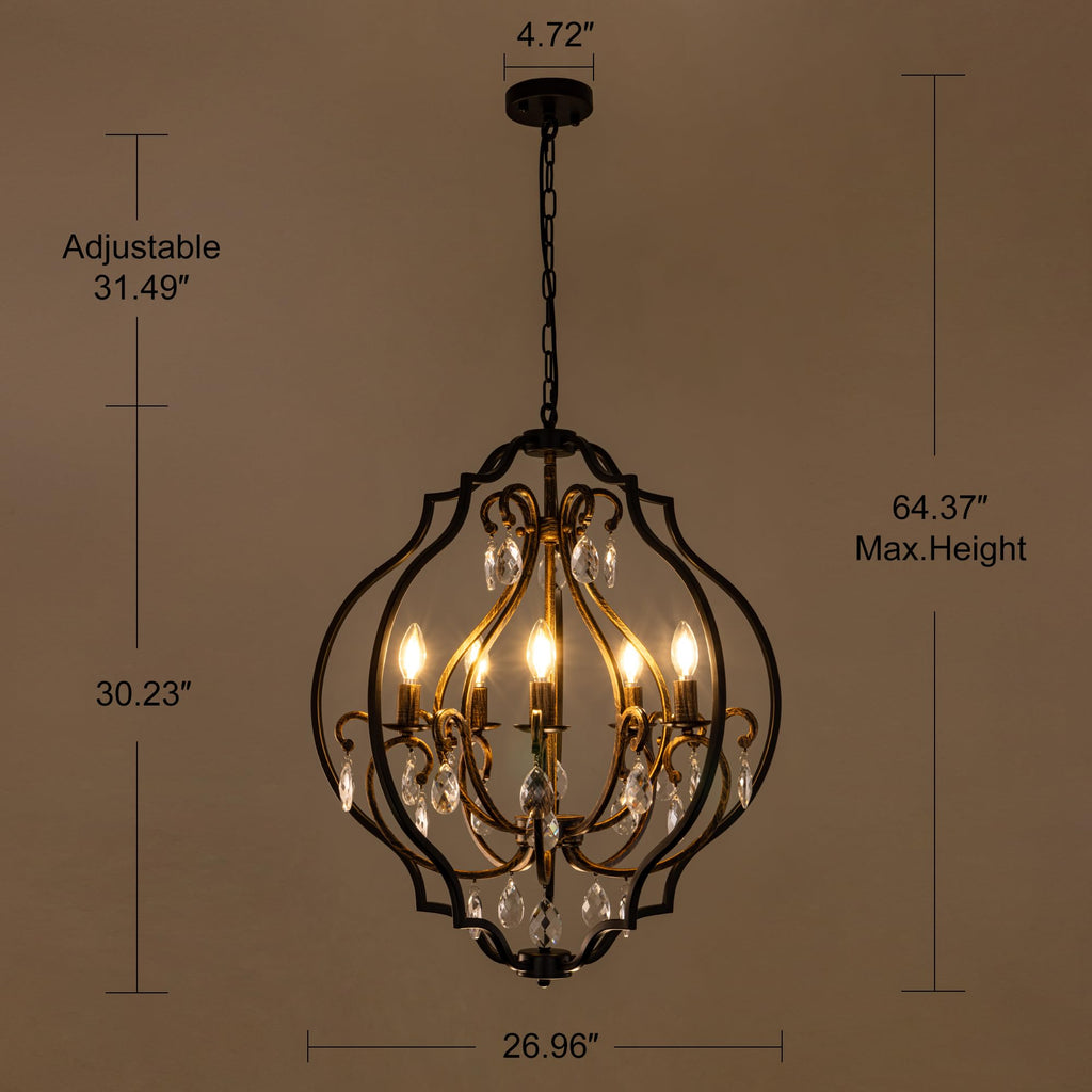 TOCHIC 5 Lights Farmhouse Chandelier, Rustic Orb Chandeliers for Dining Room, Black Crystal Chandelier Light Fixture for Living Room, Bedreoom, Hallway, Bronze, D 27"