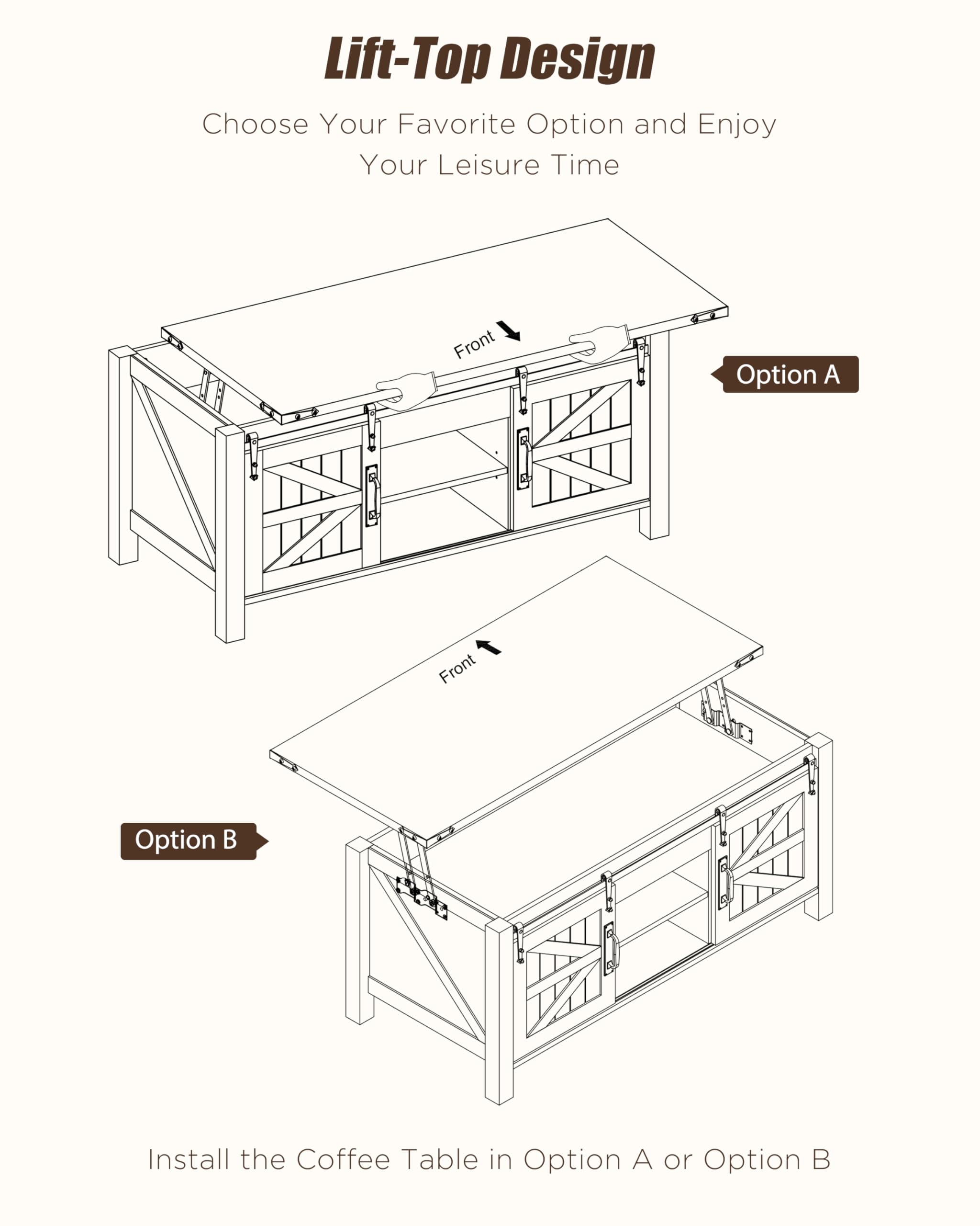 OKD 48" Farmhouse Lift Top Coffee Table with Sliding Barn Door,Rustic Center Table with Hidden Storage Compartment,Lifting Tabletop and Adjustable Shelf for Living Room,Office,Antique White