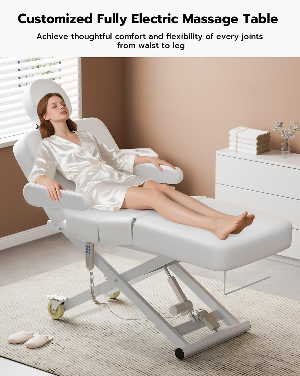 SyyBhb 6.7" Thickened Fully Electric Massage Table Professional for Clients, Customized Angle Adjustable and Electric Lift 3 Motor, Heavy Duty Frame, Exam/Treatment/Spa/Tattoo/Facial, White