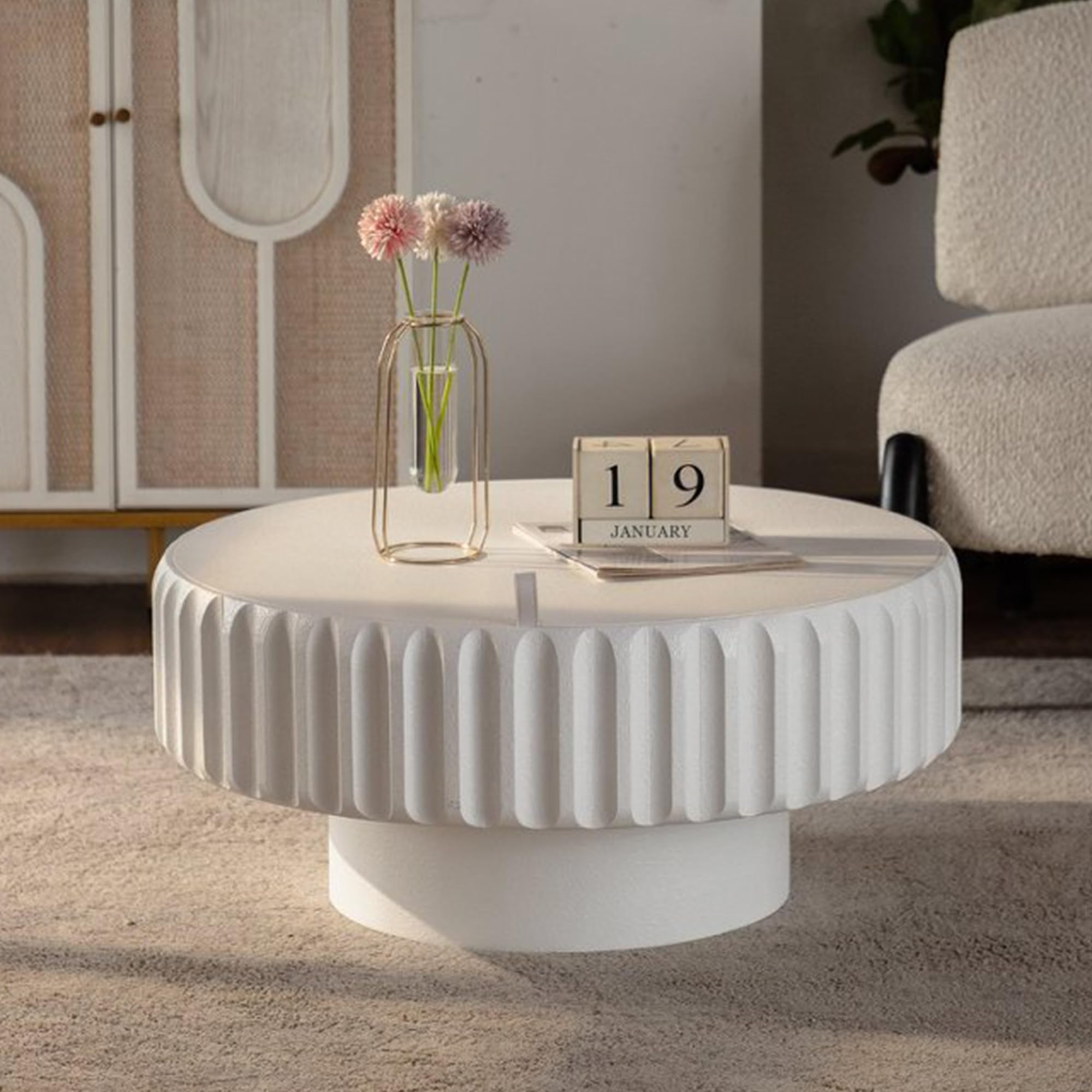 GDFStudio 30.51" Round Fluted Coffee Table with Lift-Off Lid, Modern Wood MDF Small Round Coffee Tea Side Table with Storage, Pedestal Circle Center Table for Living Room Bedroom Office, Cream White