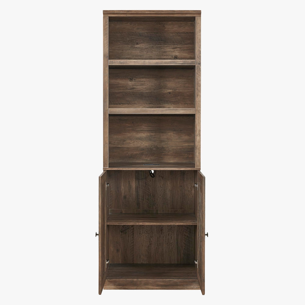 DiMorture 81" Tall Bookcase with USB Port, Wooden Book Cases Organizer with 3 Open Shelves and 2 Doors, Free-Standing Library Bookshelf Side Cabinet for Living Room, Bedroom (Brown)
