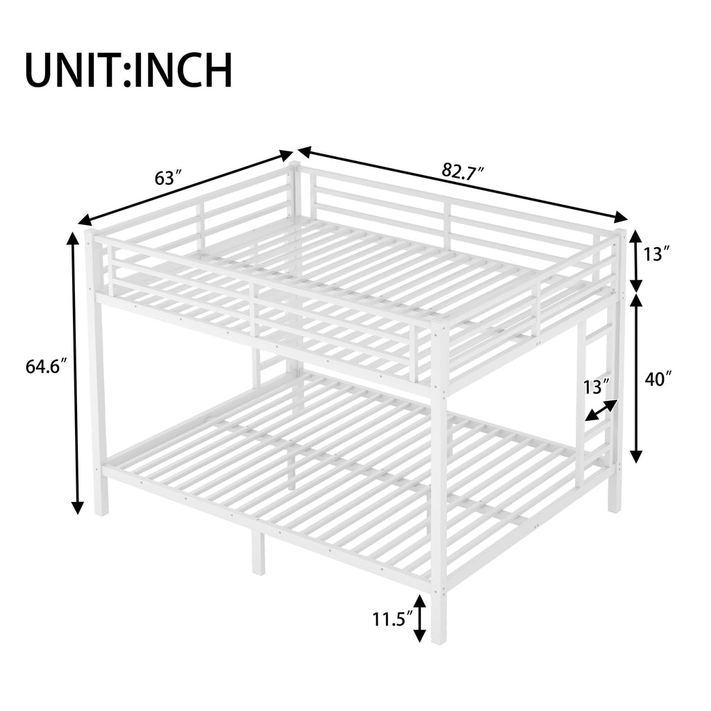 Bellemave Queen Over Queen Size Bunk Bed with Guardrail for Teens and Adults, Metal Bunk Bed Frame with 2 Ladders and Under Storage for Dorm and Bedroom, Noise Reduced, No Box Spring Needed, White