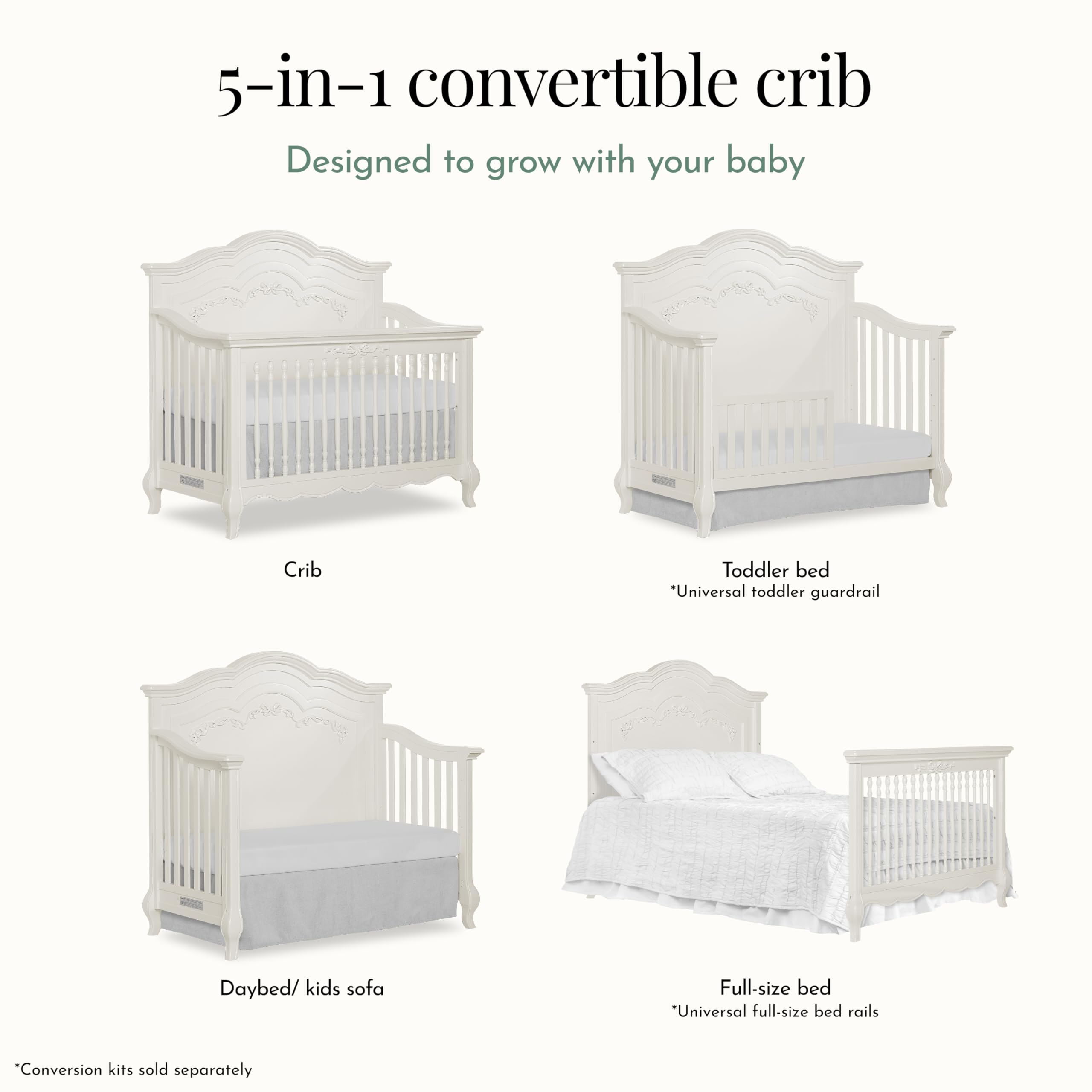 Evolur Aurora 5-in-1 Convertible Full-Size Baby Crib in Ivory Lace, GreenGuard Gold & JPMA, 3 Mattress HeightsRibbon Bow Scrollwork & Queen Anne Feet, Converts to Toddler, Day & Full-Size Bed
