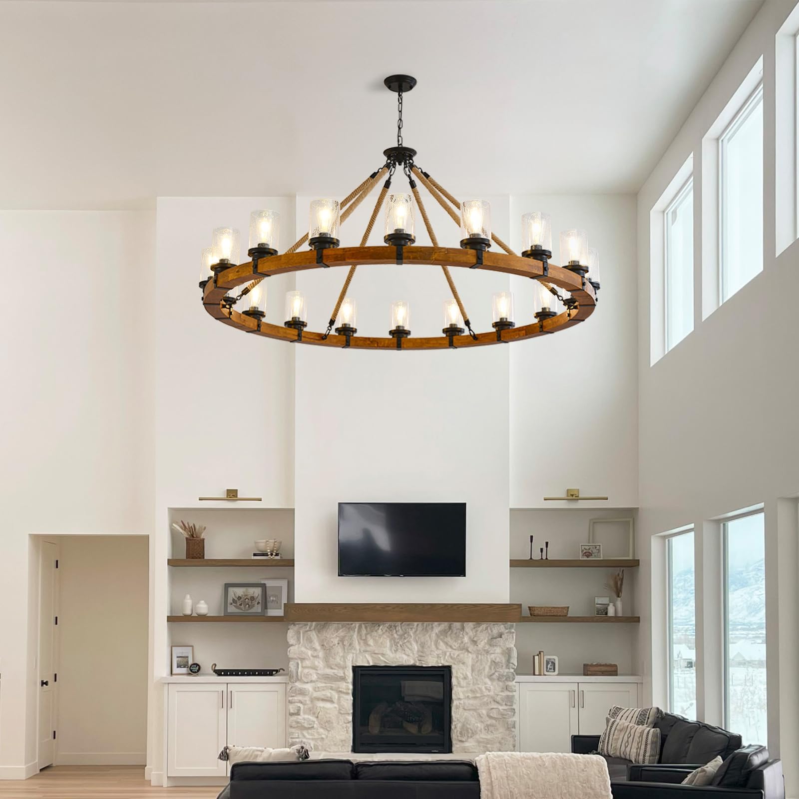FOVICY 60-Inch Wood Wagon Wheel Chandelier with Bubble Glass Shade, 18-Light Extra Large Farmhouse Chandelier, Rustic Light Fixture for Dining Room High Ceilings Entryway
