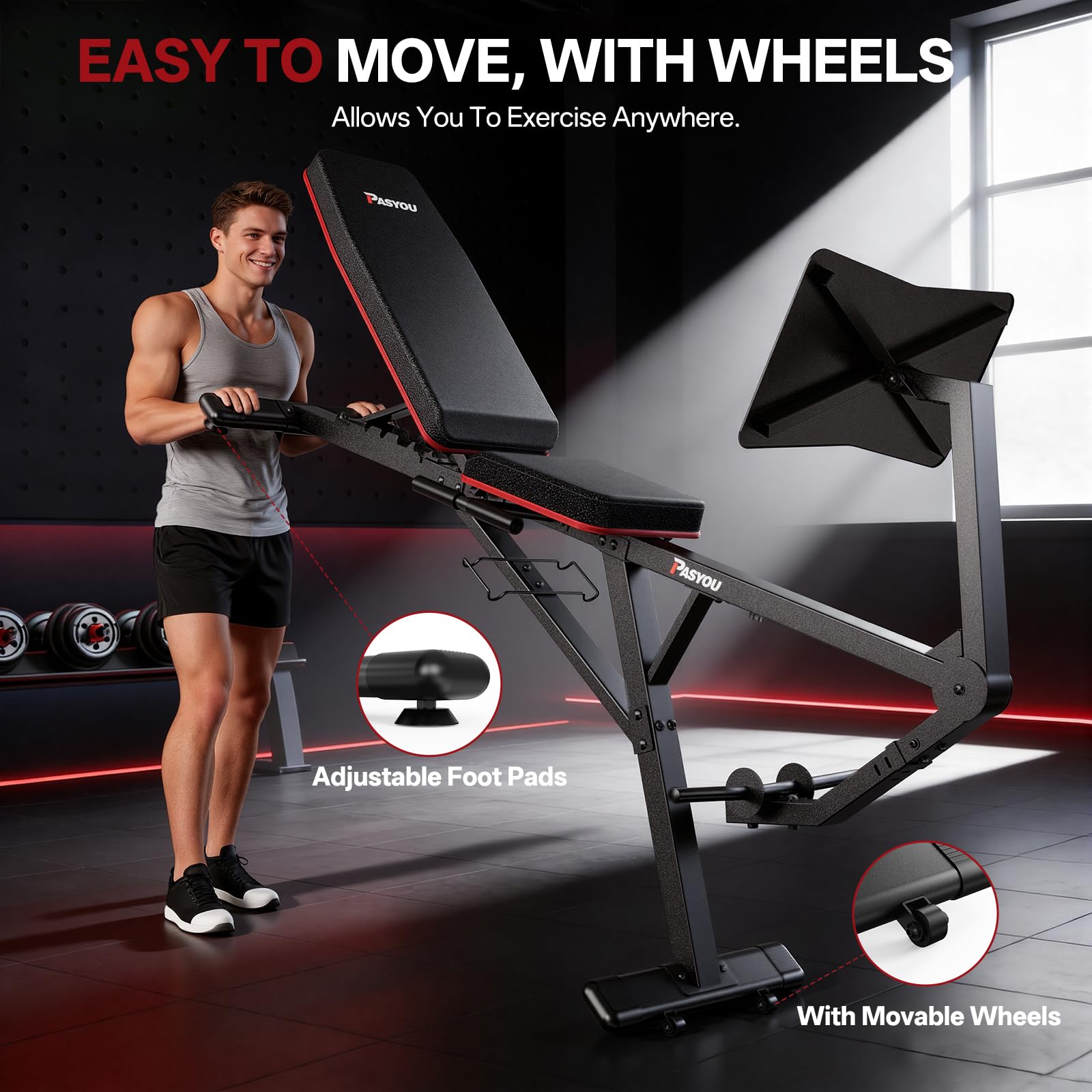 PASYOU Leg Press Machine for Home Gym – Adjustable Foot Plate Weight Bench with Leg Extension, Compact Footprint Workout Bench for Glutes, Quads & Hamstrings, Compatible with 1'' and 2'' Weight Plates