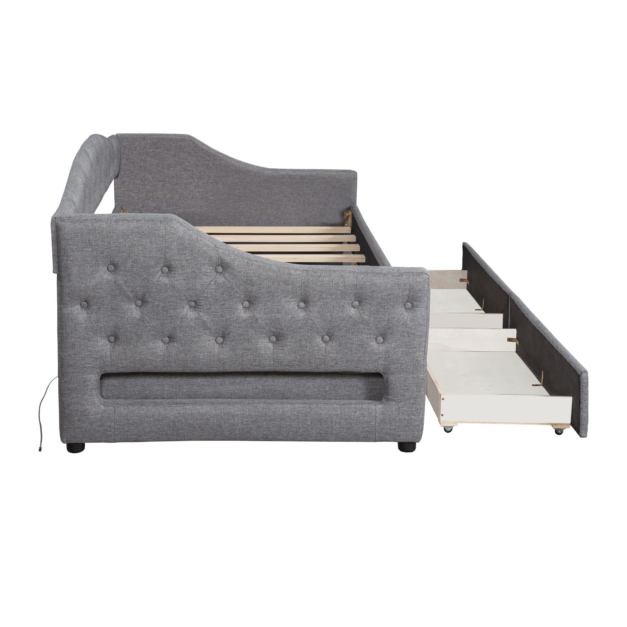 Merax Twin XL Size Modern Upholstered Platform Bed with 2 Drawers, Linen Sofa Daybed with Wood Slat Support, Storage Bed Frame, Space Saving/Gray