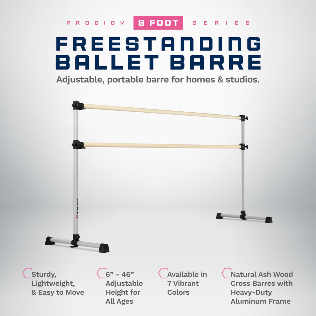VITA Barre Portable Freestanding Double Ballet Barre, Prodigy, 8 Ft Wood Bars, Satin Silver | Adjustable Height, USA Made, Home or Gym Exercise Equipment for Kids & Adults | Dance, Fitness, Pilates