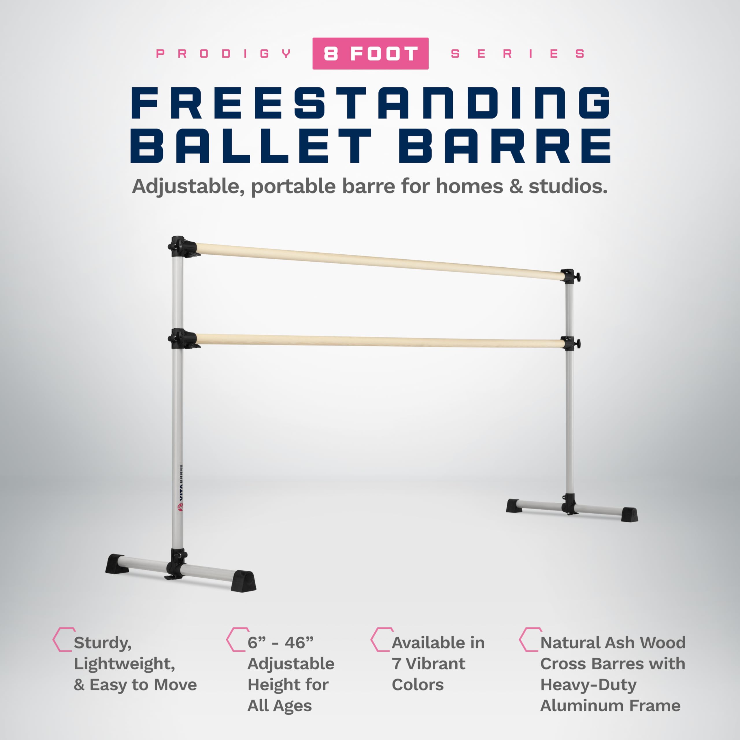 VITA Barre Portable Freestanding Double Ballet Barre, Prodigy, 8 Ft Wood Bars, Satin Silver | Adjustable Height, USA Made, Home or Gym Exercise Equipment for Kids & Adults | Dance, Fitness, Pilates