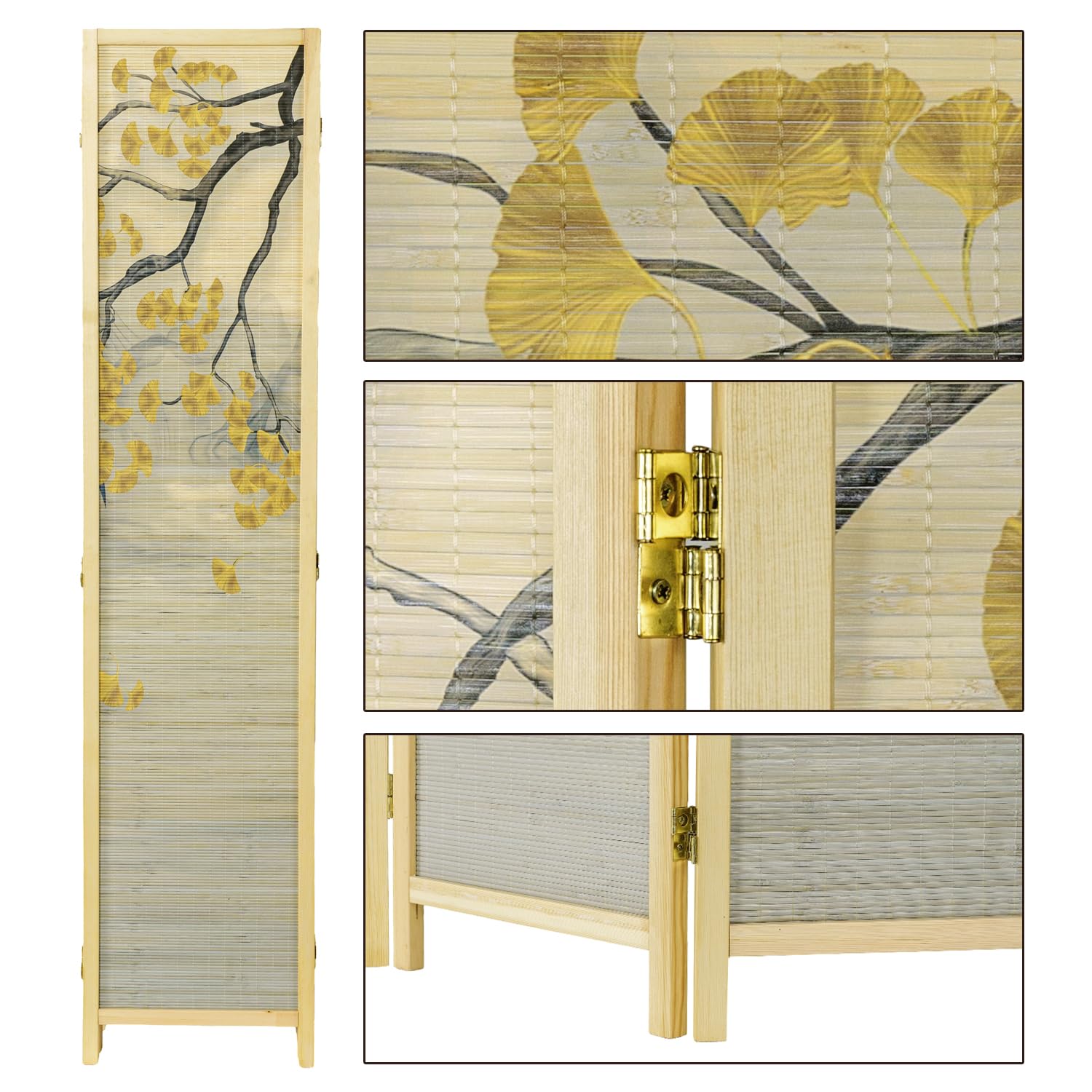 MyGift 6 Panel Large Bamboo Room Divider with Dual Sided Asian Birds Gingko Biloba Tree Sunset Design Print, 6FT Freestanding Artwork Privacy Partition Folding Screen with Beige Solid Wood Frame