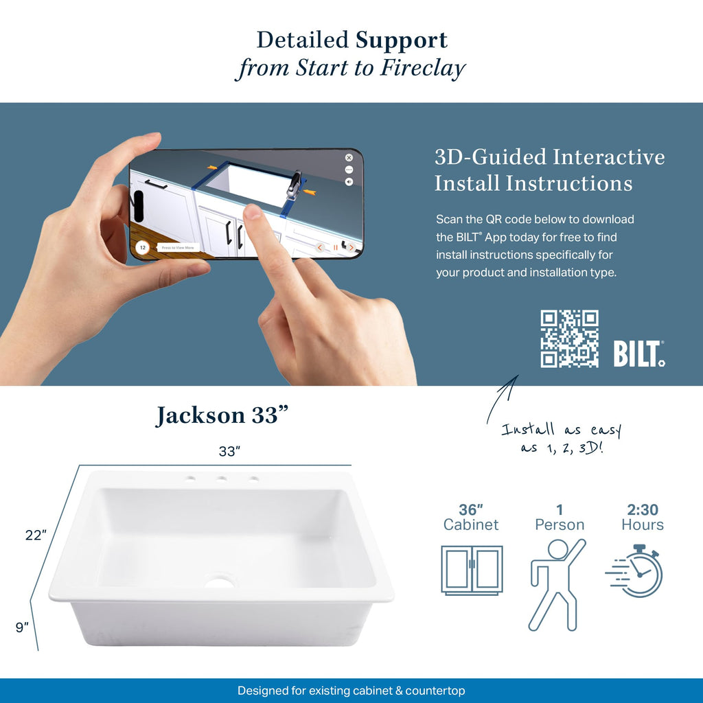 Sinkology Jackson Matte Black Fireclay Drop-In Kitchen Sink - 33 Inch Single Bowl - SureFire Fireclay Won't Chip, Crack, or Stain - 3-Hole - Sinkology Everyday Warranty - Fits 36 Inch Cabinet