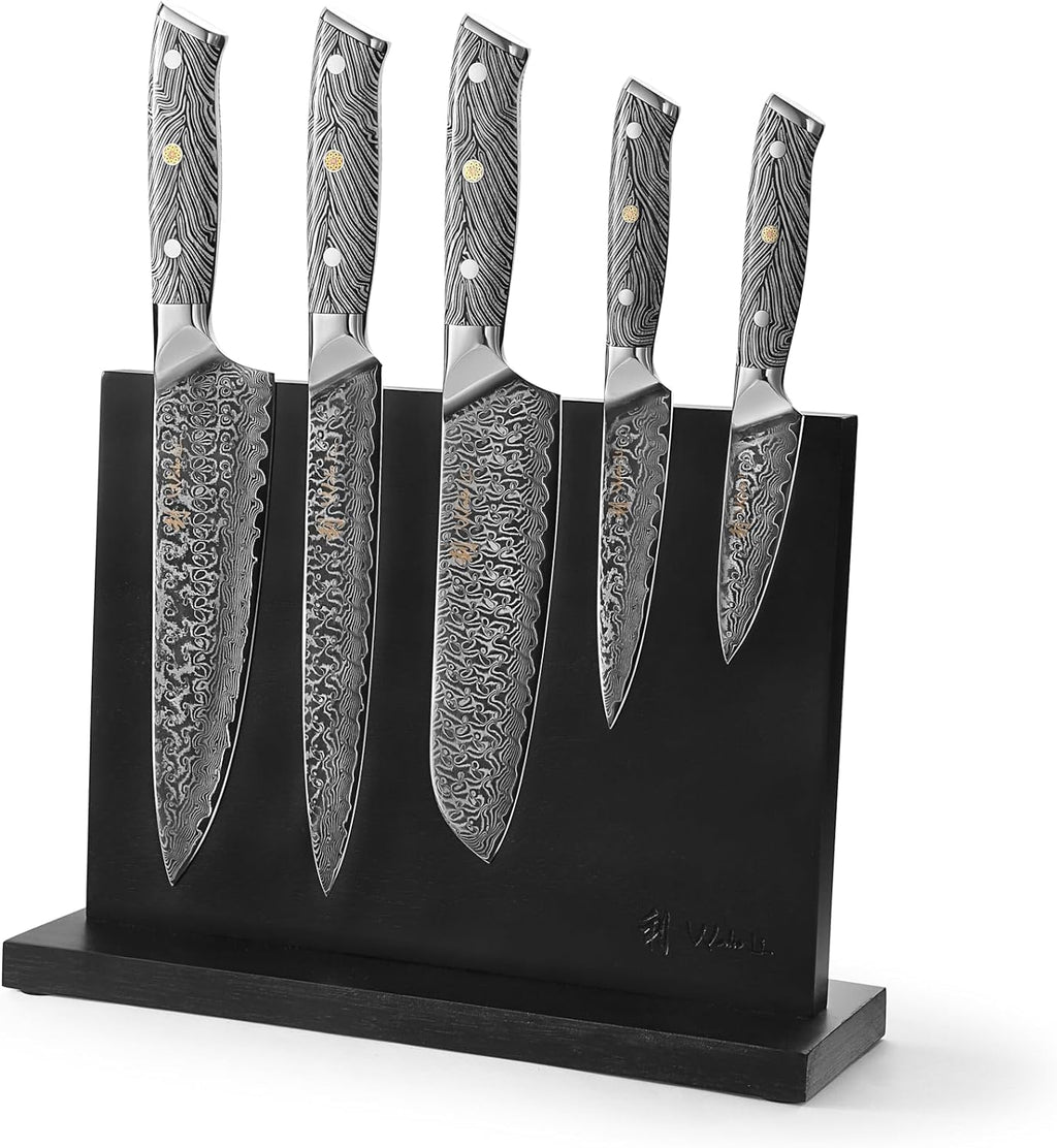 Wakoli Noir Blanc Damascus Knife Block Set – 5-Piece Professional Chef Knife Collection with Magnetic Block – Kitchen Knives made of 67-Layer Damascus Steel Blades & Ergonomic G10 Handles in Gift Box