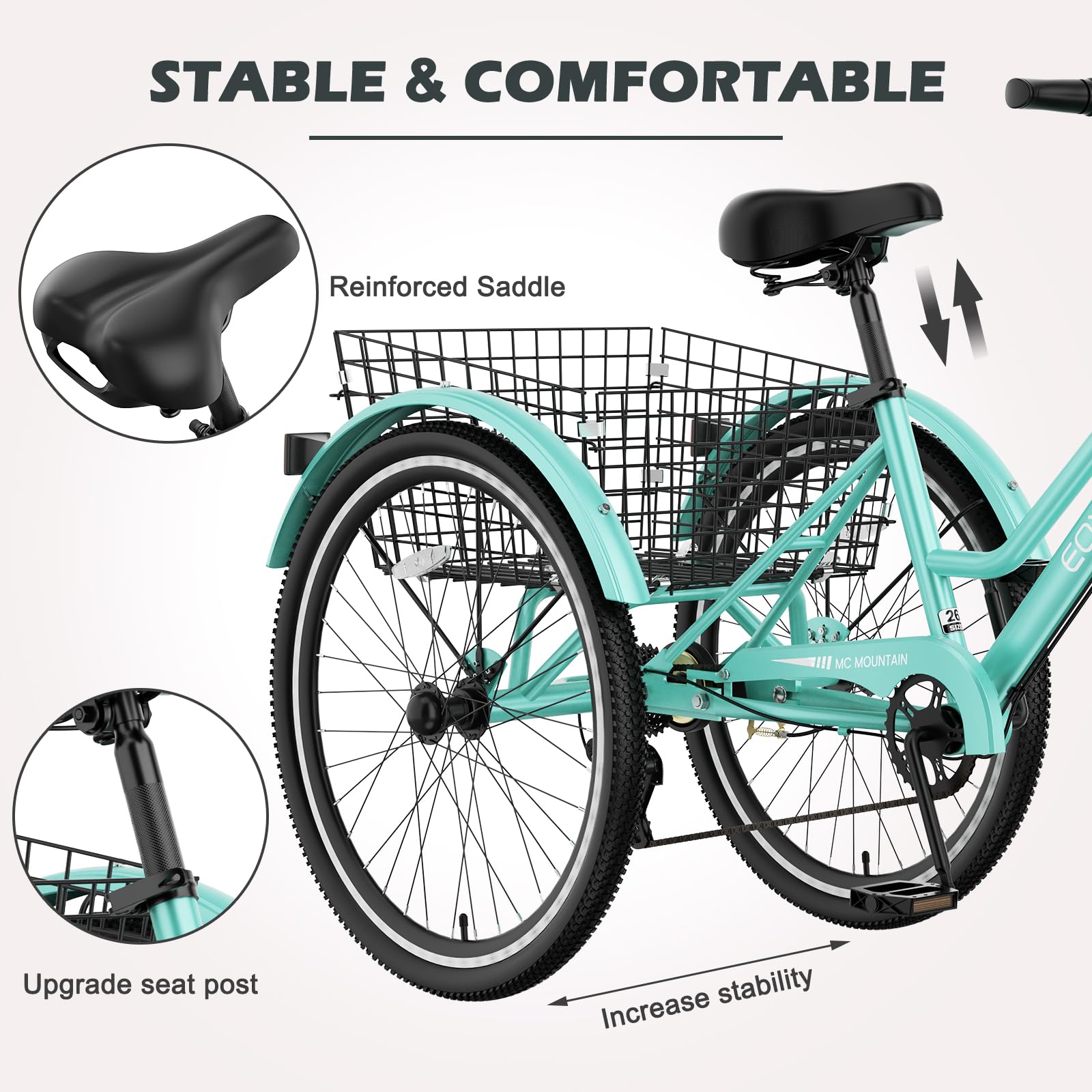 H&ZT Adult Tricycle, 3 Wheeled Bike, Trike Cruiser Bike, with 7-Speed Gear, Parking Brake Handle, Low Step, Large Rear Basket, Elderly Friendly, for Men, Women, and Teens