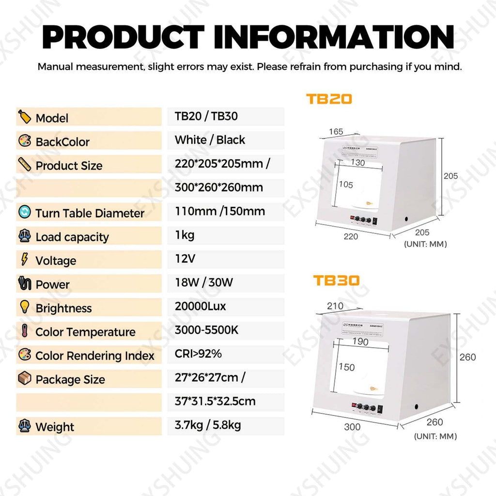EXSHUING Jewelry Photography Light Box with Turntable, Dimmable Led Photo Tent – 360° Auto-Rotation, 1kg/2.2lbs Load, Hanging Bracket Included, 3000-5500k, CRI>92%, for Stunning Gemstone & Gold(TB30)