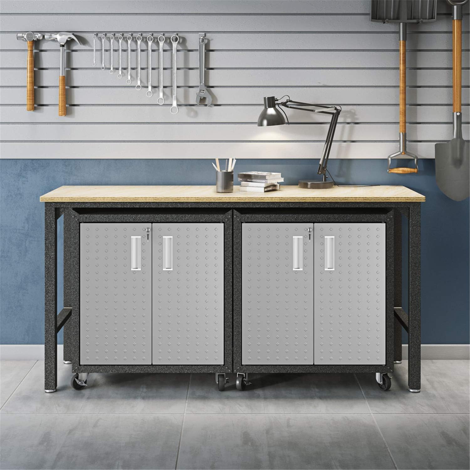 Manhattan Comfort Fortress 3-Piece Textured Garage Storage Set, Includes Mobile Metal Cabinet Chests and Worktable, Space-Saving Design, 25 Gauge Metal, Lockable Wheels, 1.0 Series, Grey