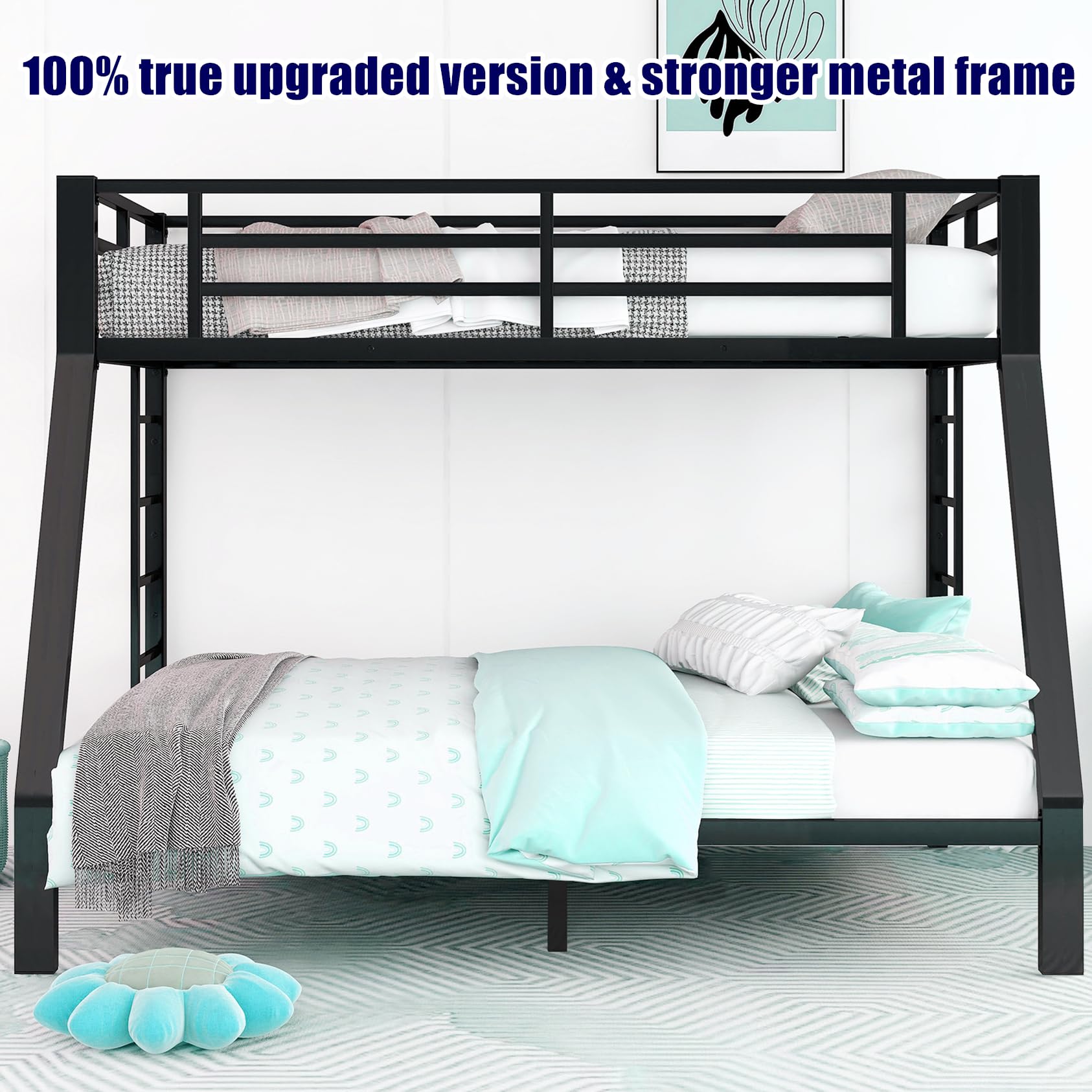 SIGONE Stronger and Safer Metal Steel Bunk Bed Frame Twin XL Over Queen Size, Heavy Duty More Stable Thickened Black Metal Bunk Queen Bed (Easier to Assemble) (Twin XL Over Queen)