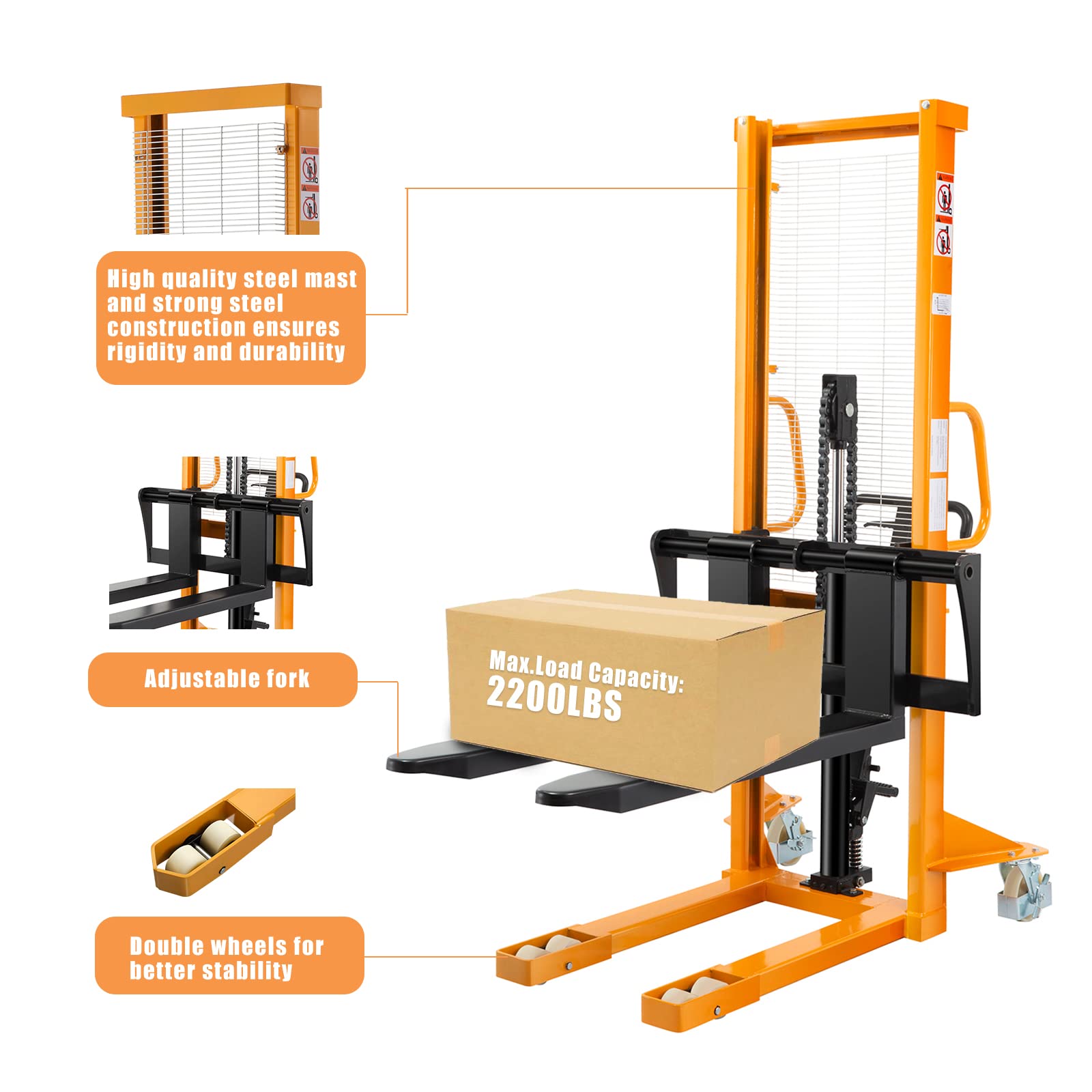 APOLLO Manual Pallet Stacker Hand Pallet Forklift 2200lbs Capacity 63" Lift Height, Fix Legs with Adjustable Forks Suitable for Open-Bottom Pallets
