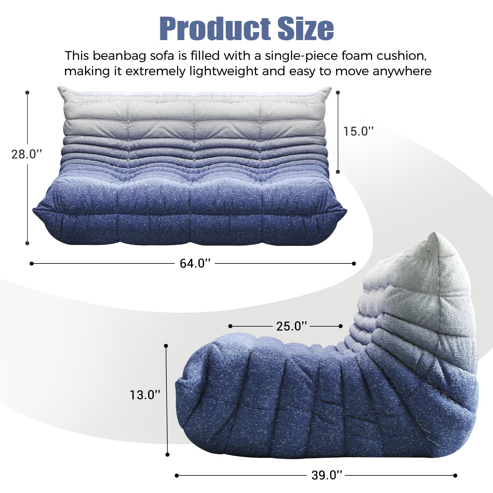 Selyteramy 3 Seat Oversized Bean Bag Chairs for Adults, Memory Foam Fireside Beanbag Couch, Comfy Bean Bag Lounger Lazy Sofa for Living Room, Bedroom, Playroom, White + Blue