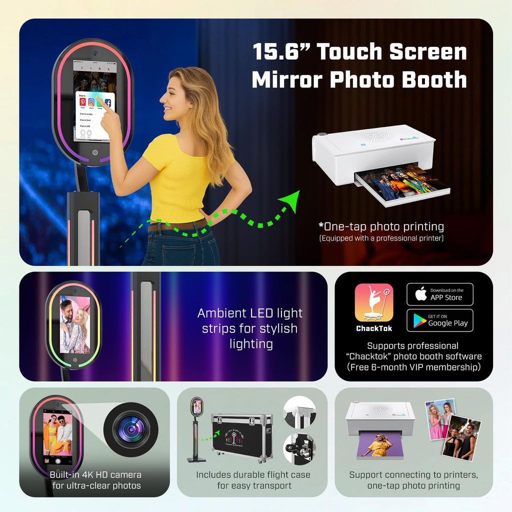MWE Magic Mirror Photo Booth Touch Screen with Printer and 1200W Pixel 4K HD Camera,RGB Surround Light Music Sync,Mirror Video Booth with Software APP Remote Control (16in+Printer) (Black, 16in)