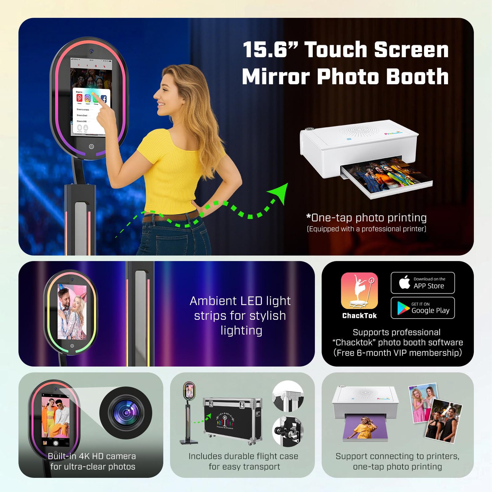 MWE Magic Mirror Photo Booth Touch Screen with Printer and 1200W Pixel 4K HD Camera,RGB Surround Light Music Sync,Mirror Video Booth with Software APP Remote Control (16in+Printer) (Black, 16in)