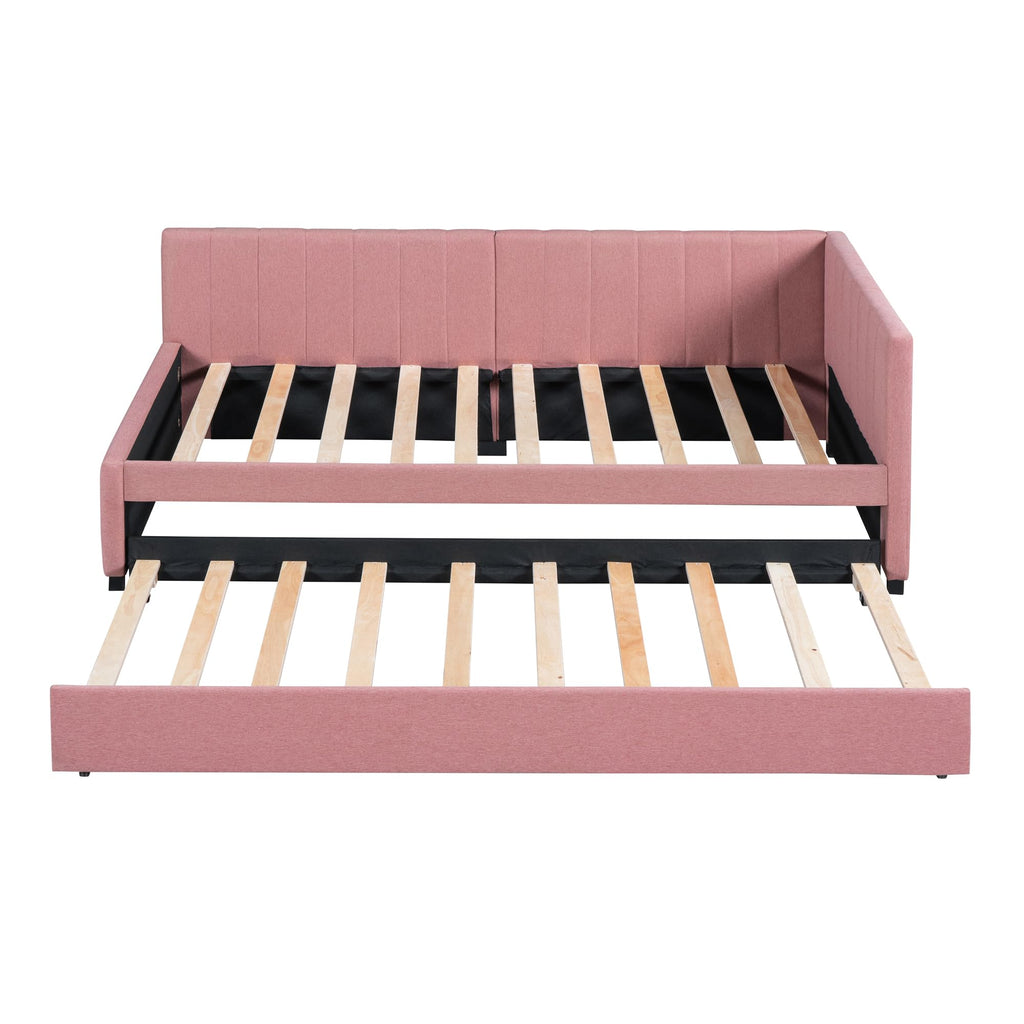 Brisca Upholstered Linen Daybed with Trundle,Twin Size Sofa Bed Frame W/Wooden Slats,for Bedroom,Apartment,Studio,Pink