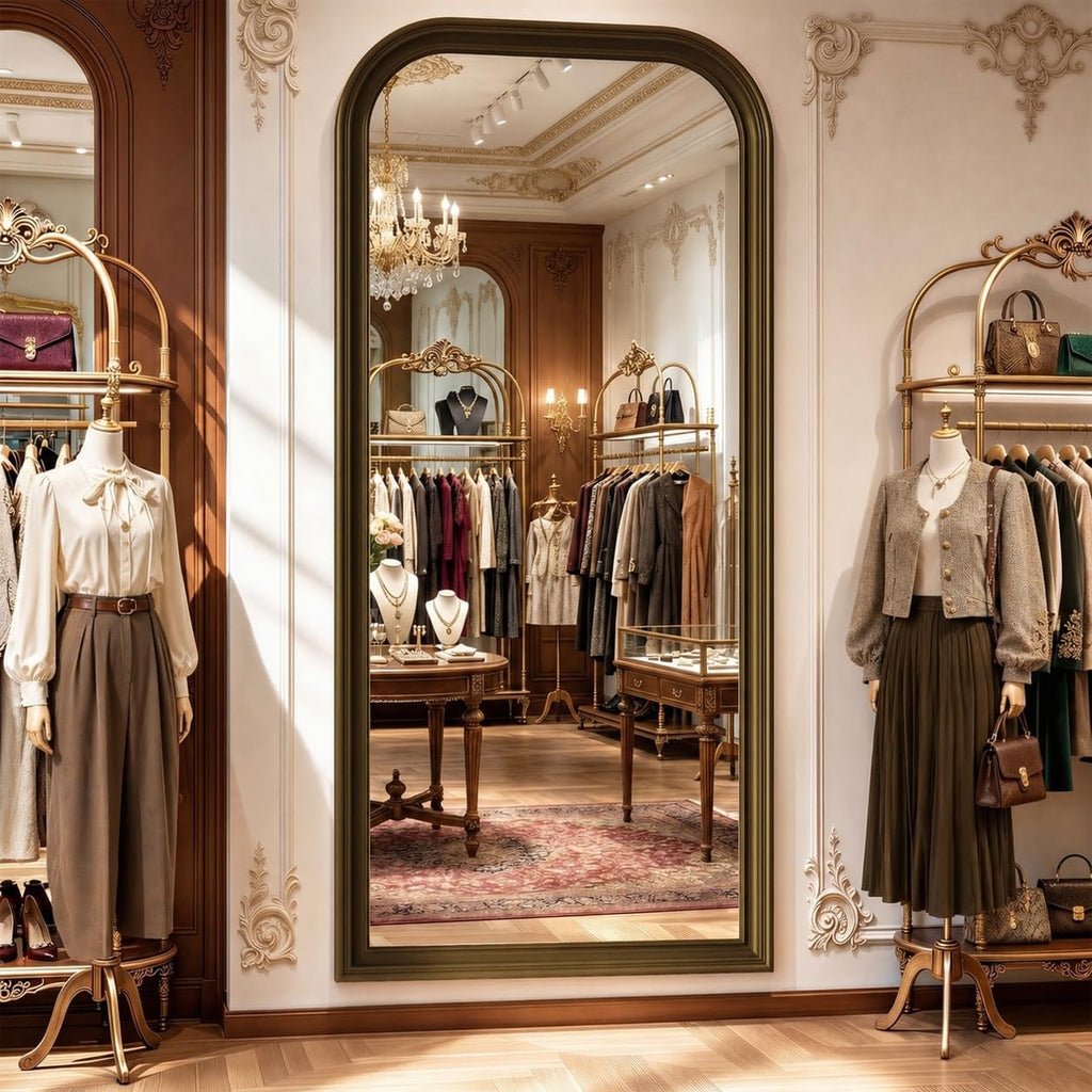 FlyEcho Full Length Mirror with Stand, 71"x32" Full Body Mirror, Floor Length Mirrors Wall Mounted with Rounded Top, Large Standing Mirrors, PU Frame, for Bedroom Living Room Cloakroom, Antique Bronze