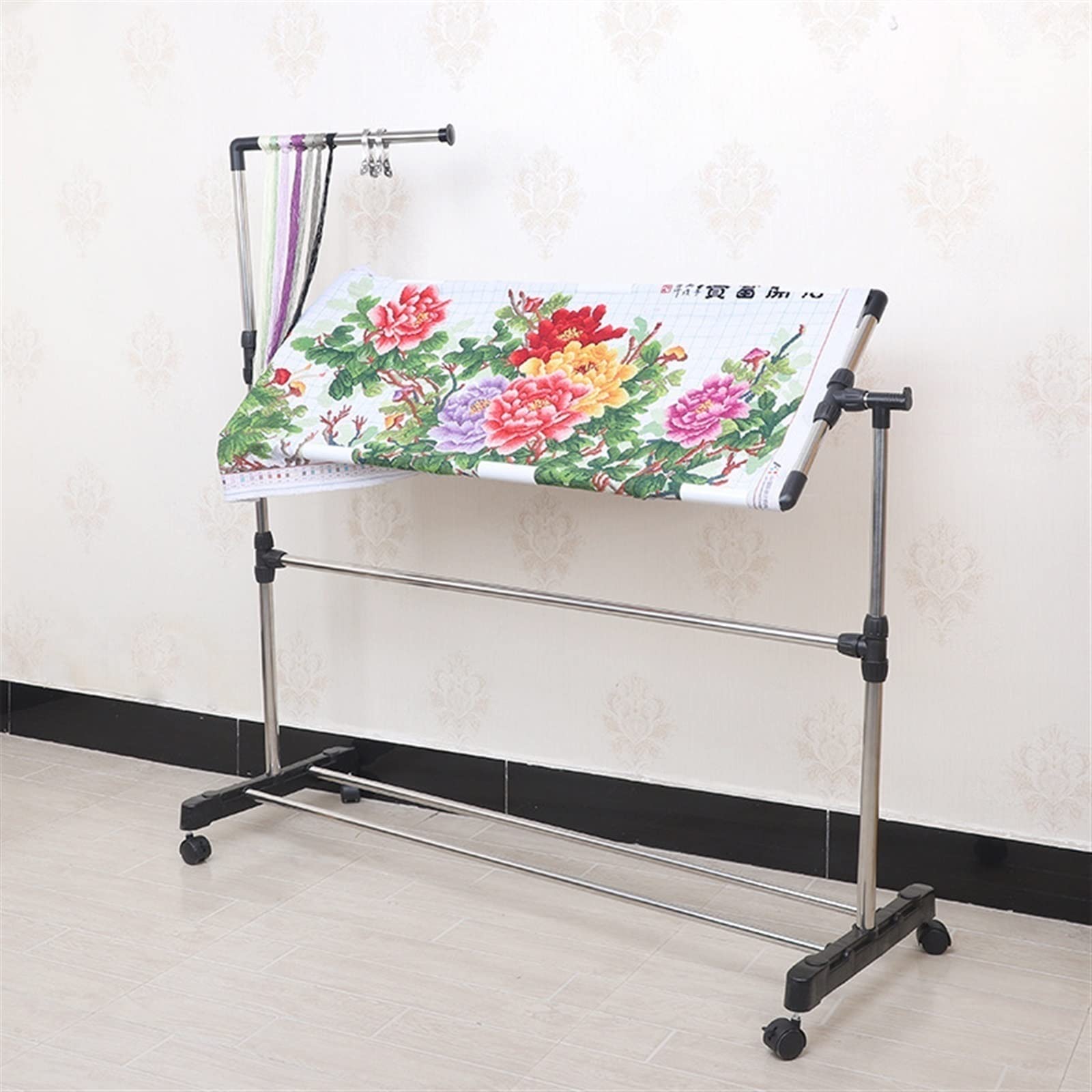 Stainless Steel Adjustable Height Embroidery Stand Cross Stitch Frame,360 Degrees Rotatable Wooden Floor Tabletop Tapestry Frame Craft Stand,Standing Lap Table for A