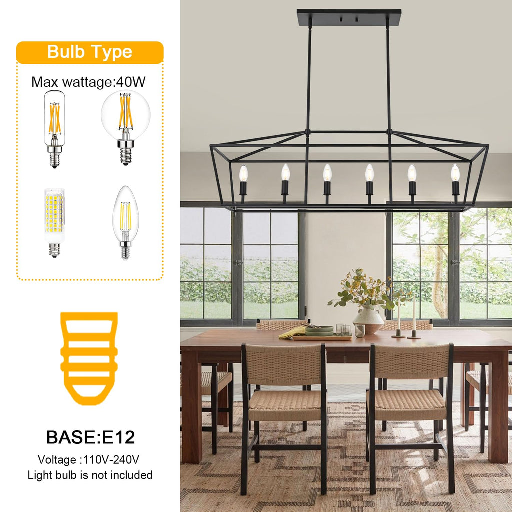 BONLICHT 6 Light Farmhouse Chandelier Black Modern Linear Kitchen Island Lights Industrial Vintage Candle-Style Dining Room Lighting Fixture Hanging Foyer Ceiling Lights with Adjustable Rods,E12 Base
