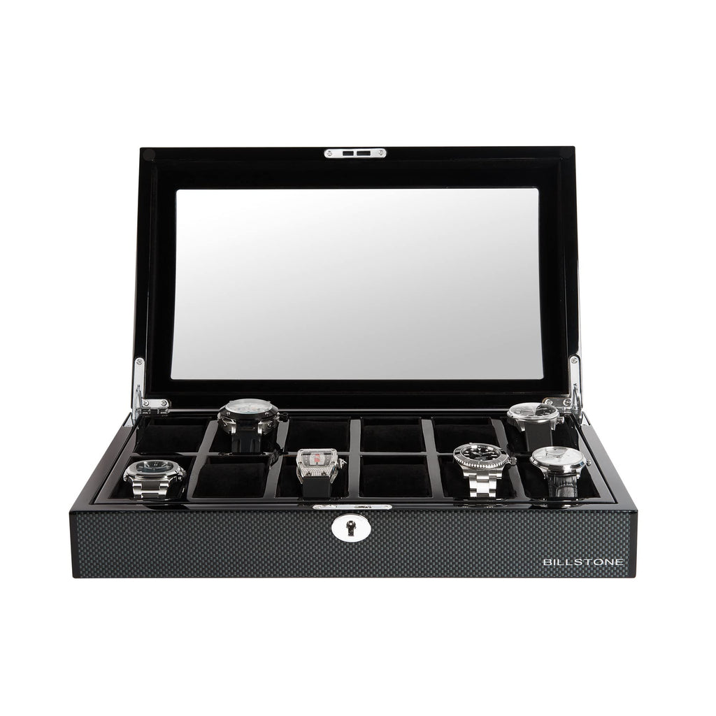 BILLSTONE Romanoff 12 Watch Box – 12 Slot Watch Organizer, Carbon Fiber Finish with Black Velvet Interior