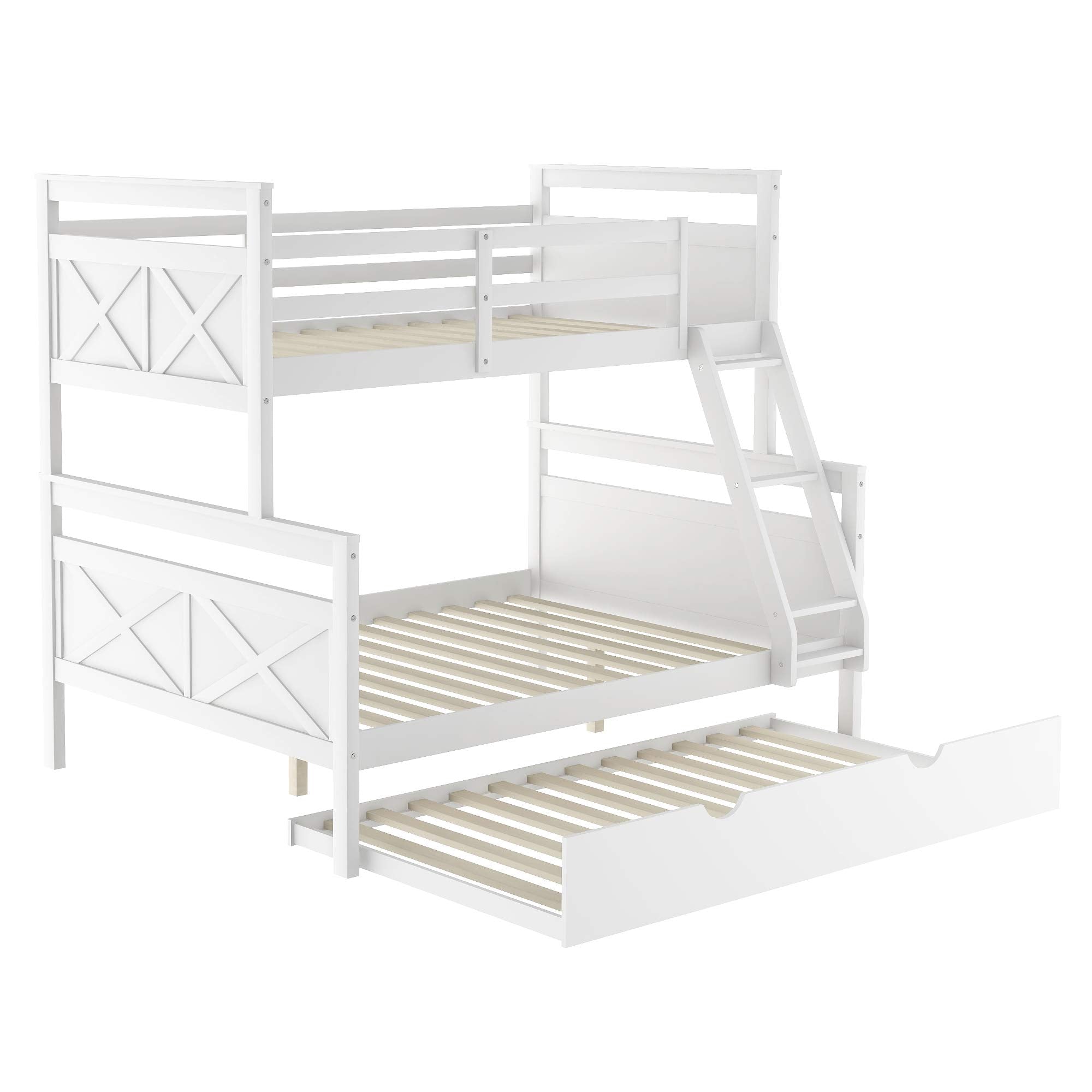 Merax Twin Over Full Wood Bunk Bed Withe Trundle and Safety Guardrail for Teens, Guests，No Box Spring Needed, White