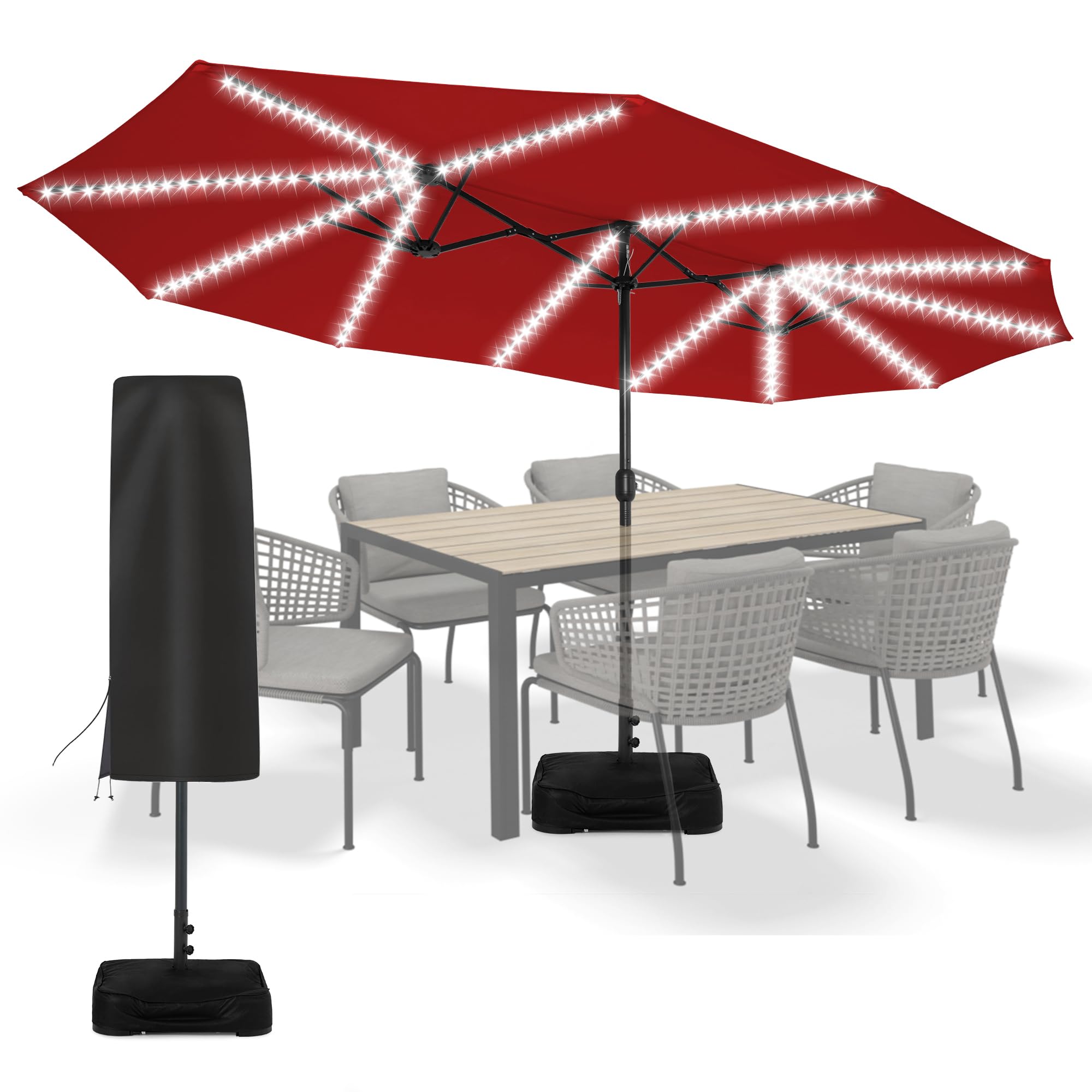 Sundale Outdoor Solar 15 ft 144 LED Olefin 5-Year-Non-Fading Patio Umbrella with Sandbag Base Included and Cover, Outdoor Double-Sided Umbrella with Lights, Red