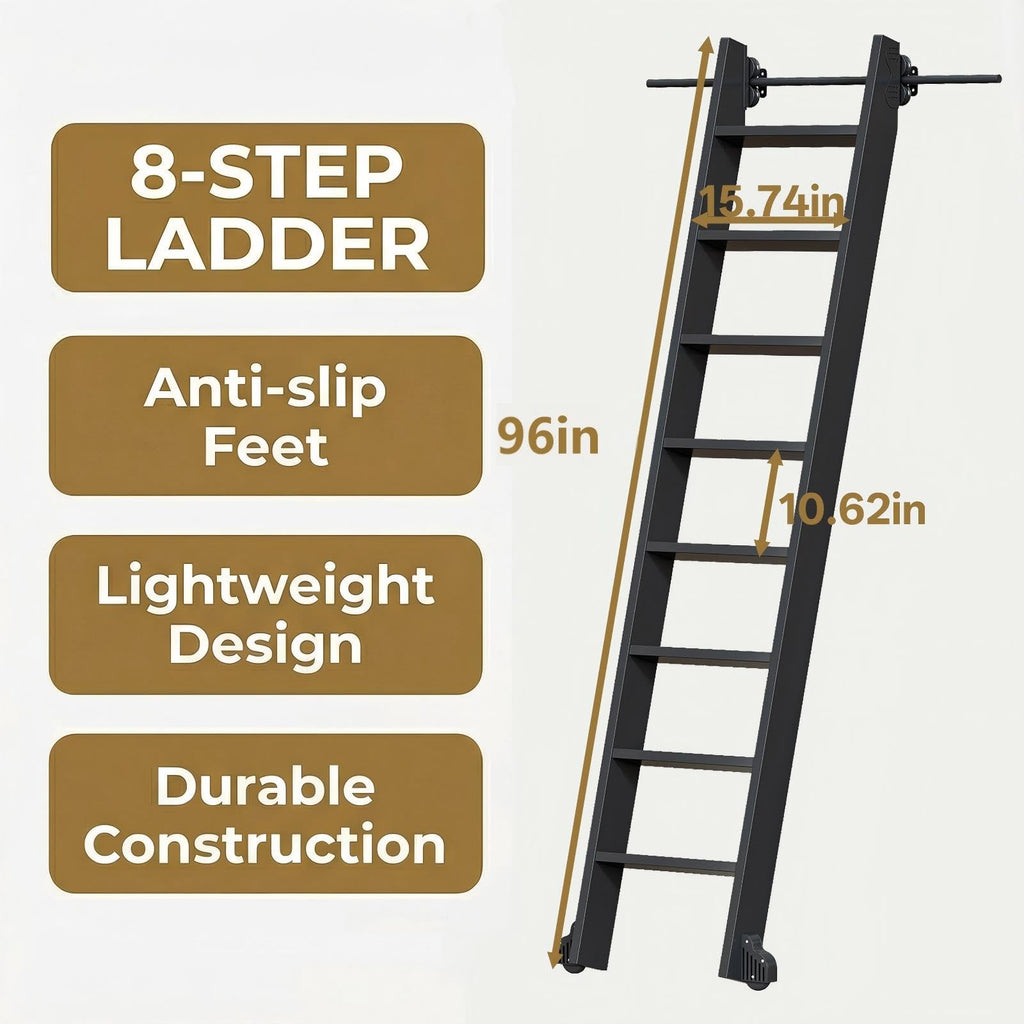 96" Rolling Library Metal Step Ladder, 8-Step Portable 330lb Heavy Duty Black Movable Ladder, 4FT Sliding Hardware Track Kit Bottom Wheel Included, for Kitchen, Loft, Warehouses and Bookstore