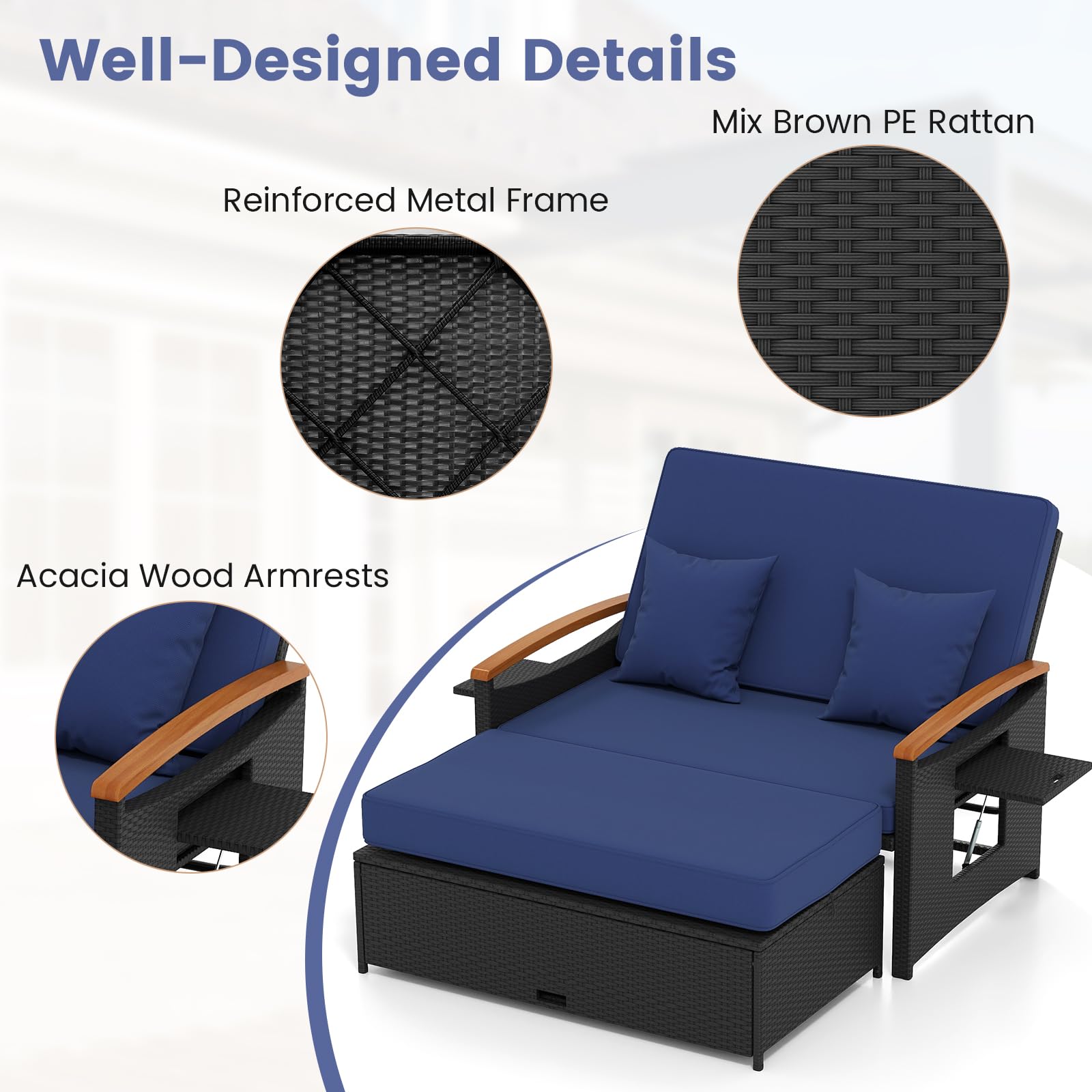 Tangkula Patio Rattan Daybed with 4-Level Adjustable Backrest, Outdoor Wicker Loveseat with Acacia Wood Armrest, Storage Ottoman & Folding Tray, Double Sunbed for Yard & Poolside (Navy & Black)