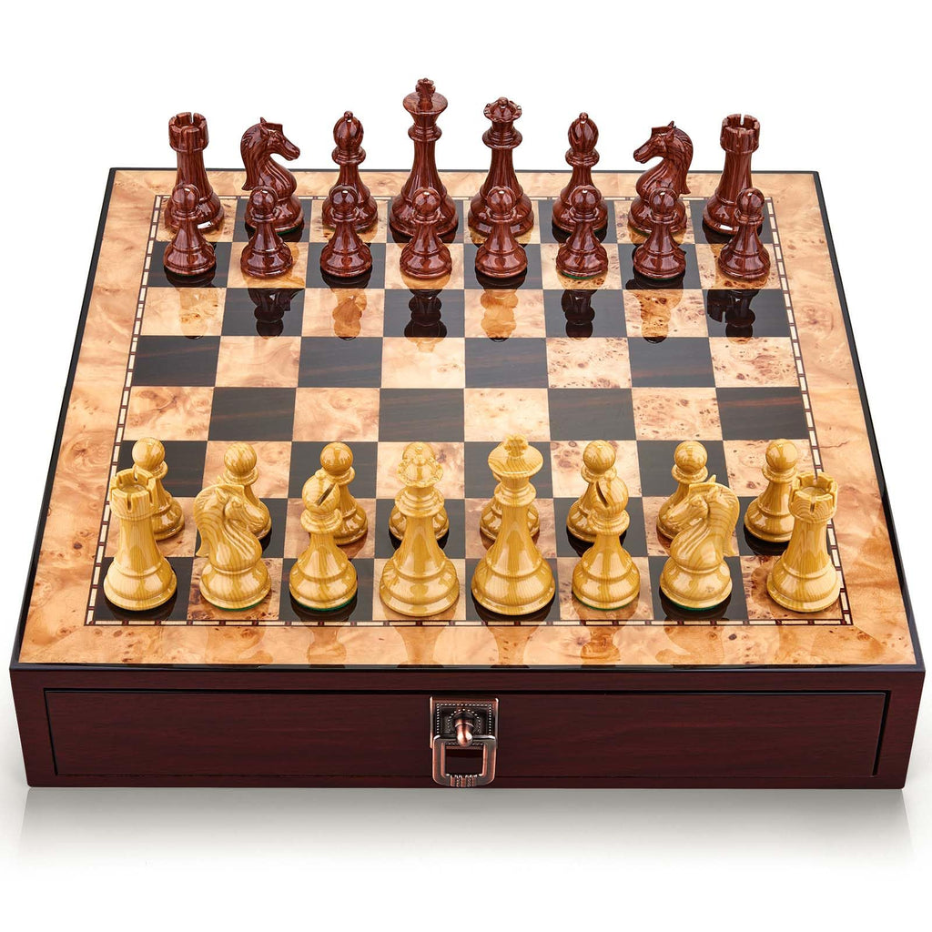 AMEROUS 17 inches Wooden Chess Set with High Polymer Weighted Chess Pieces / 2 Built-in Storage Drawers / 2 Extra Queens / 3.75'' King, Classic Board Game