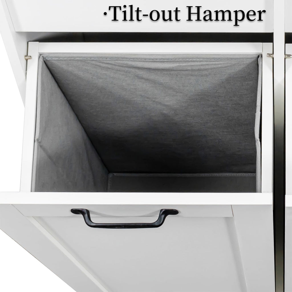 Tall Laundry Cabinet with Double Tilt Out Laundry Hamper, Freestanding Floor Bathroom Cabinet with 12 * 2 Gallon Laundry Storage Basket for Bathroom, Kitchen, White