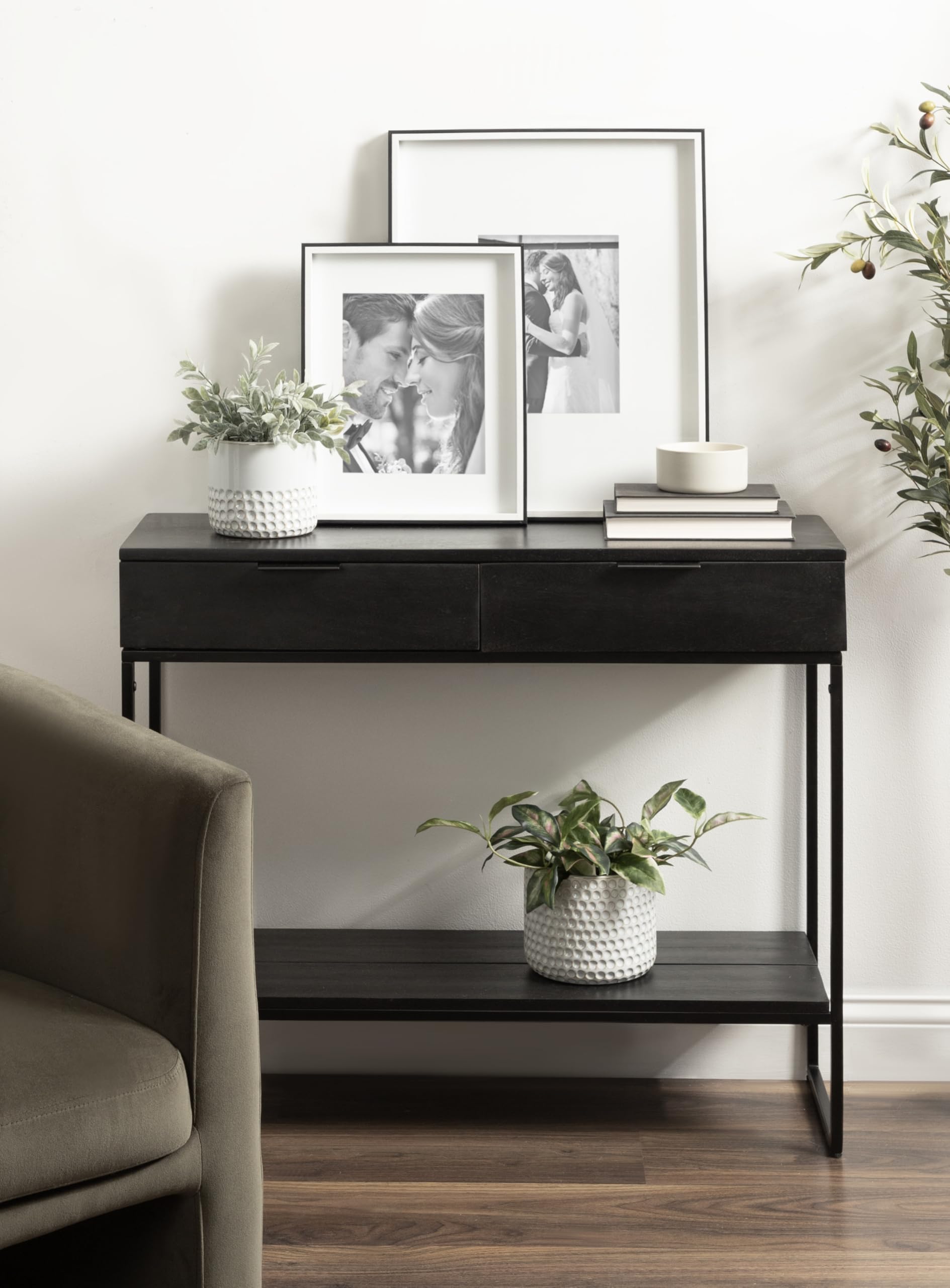 Kate and Laurel Malone Modern Wooden Console Table with Wood Shelf; 36 x 13 x 31; Black; Transitional Wood Entryway Table with Shelf and Drawers for Entry Storage Options