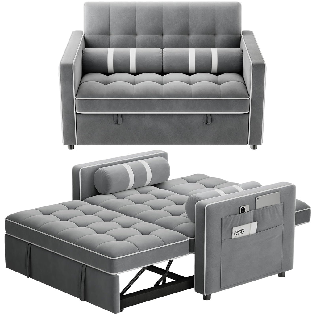 Marsail 3-in-1 Convertible Futon Sleeper Sofa Bed, Pull Out Couch with Adjustable Backrest, USB Charging & Side Pockets, Velvet Fabric Sofa for Living Room, Apartment, Loveseat, Grey