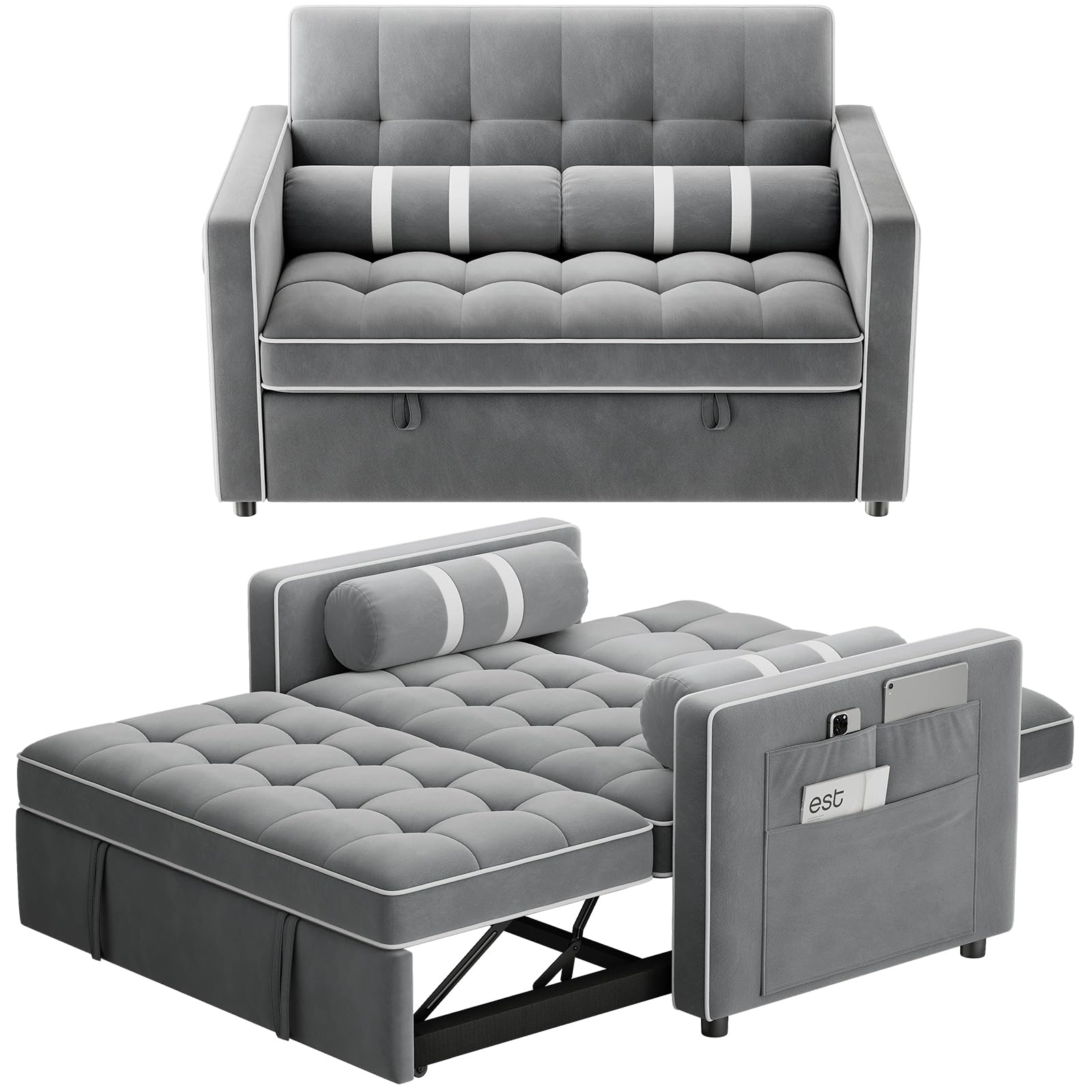 Marsail 3-in-1 Convertible Futon Sleeper Sofa Bed, Pull Out Couch with Adjustable Backrest, USB Charging & Side Pockets, Velvet Fabric Sofa for Living Room, Apartment, Loveseat, Grey