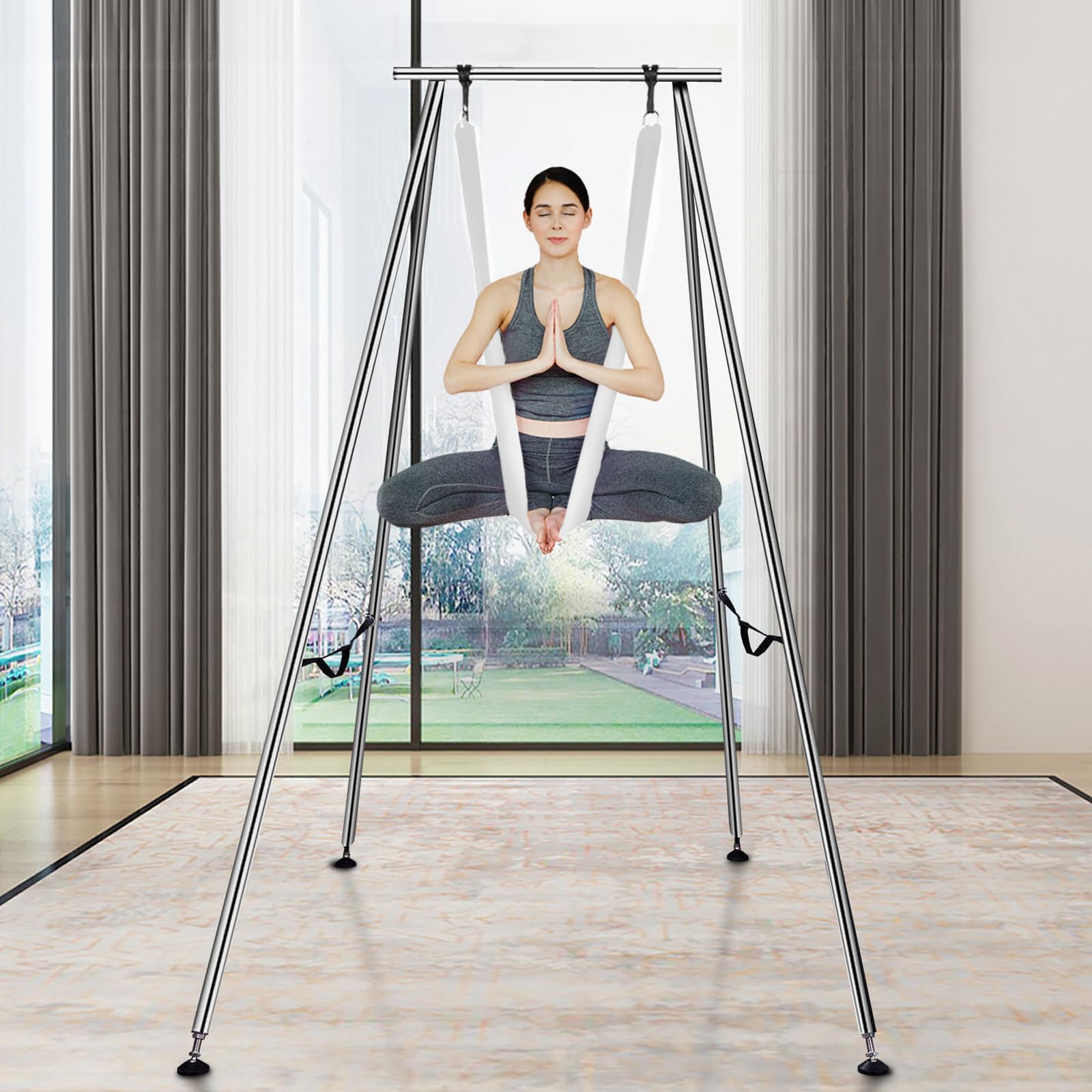 VEVOR Aerial Yoga Frame & Hammock Set, 9.67ft Yoga Swing Frame with 6.6-Yard Nylon Hammock, Heavy-Duty Premium Stand, 551.15 lbs Max Capacity Rig, for Indoor & Outdoor Aerial Fitness Training (White)
