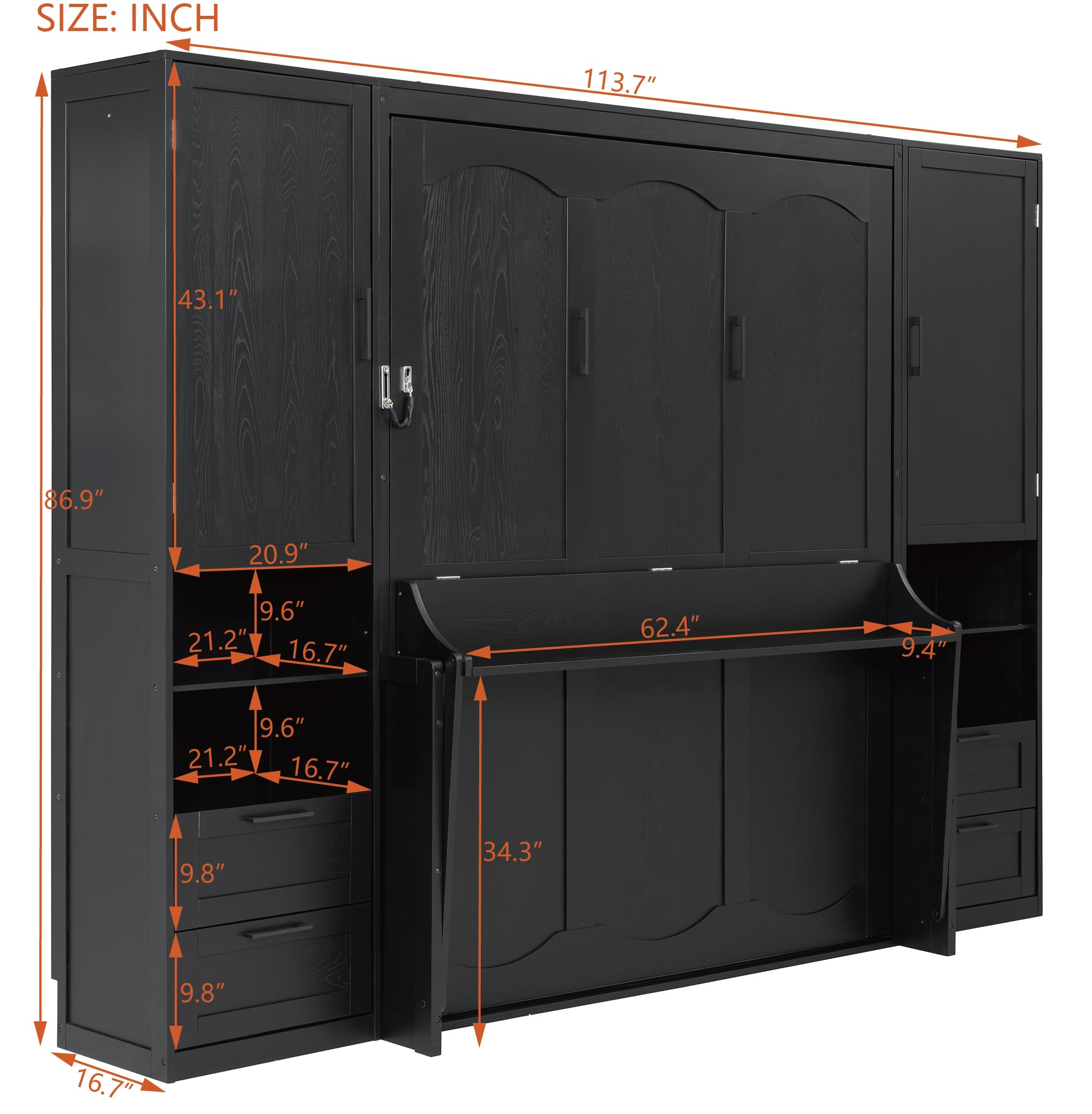 Merax Queen Size Murphy Bed with Desk, Multifunctional Foldable Wall Bed with Closet, Drawers and Shelves, Space-Saving Wood Bed Frame for Small Space Studio Study Office Guest Room, Black(Oak Veneer)