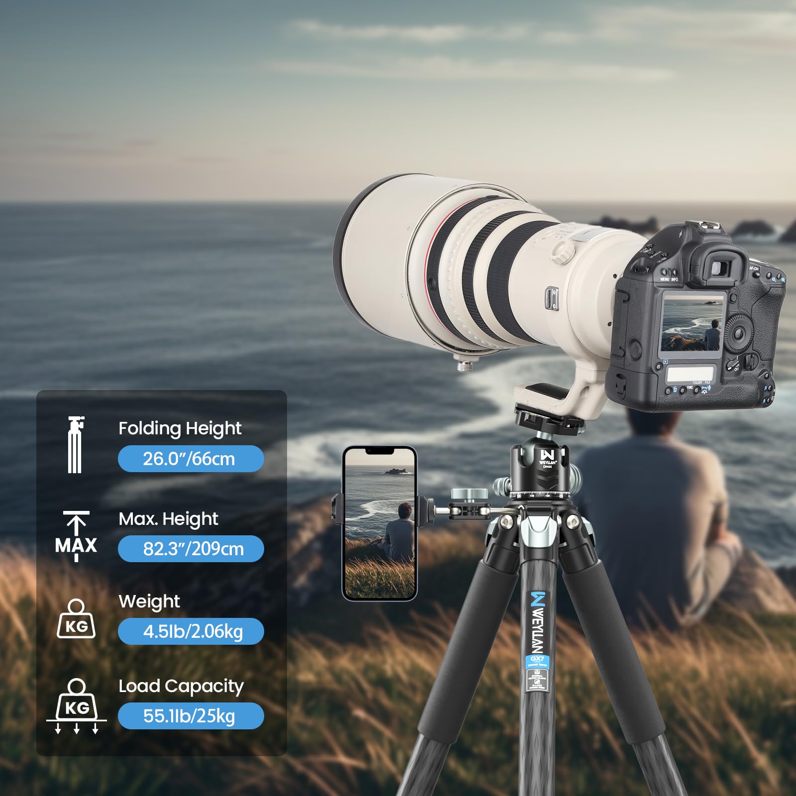 81'' Carbon Fiber Tripod for Camera WEYLLAN Heavy Duty Tripod Camera, 10-Layer Carbon Fiber Tube, 32.5mm Professional Tripod Leg with DSLR Ball Head for Camcorder Telephoto Lens, Max Load 20kg