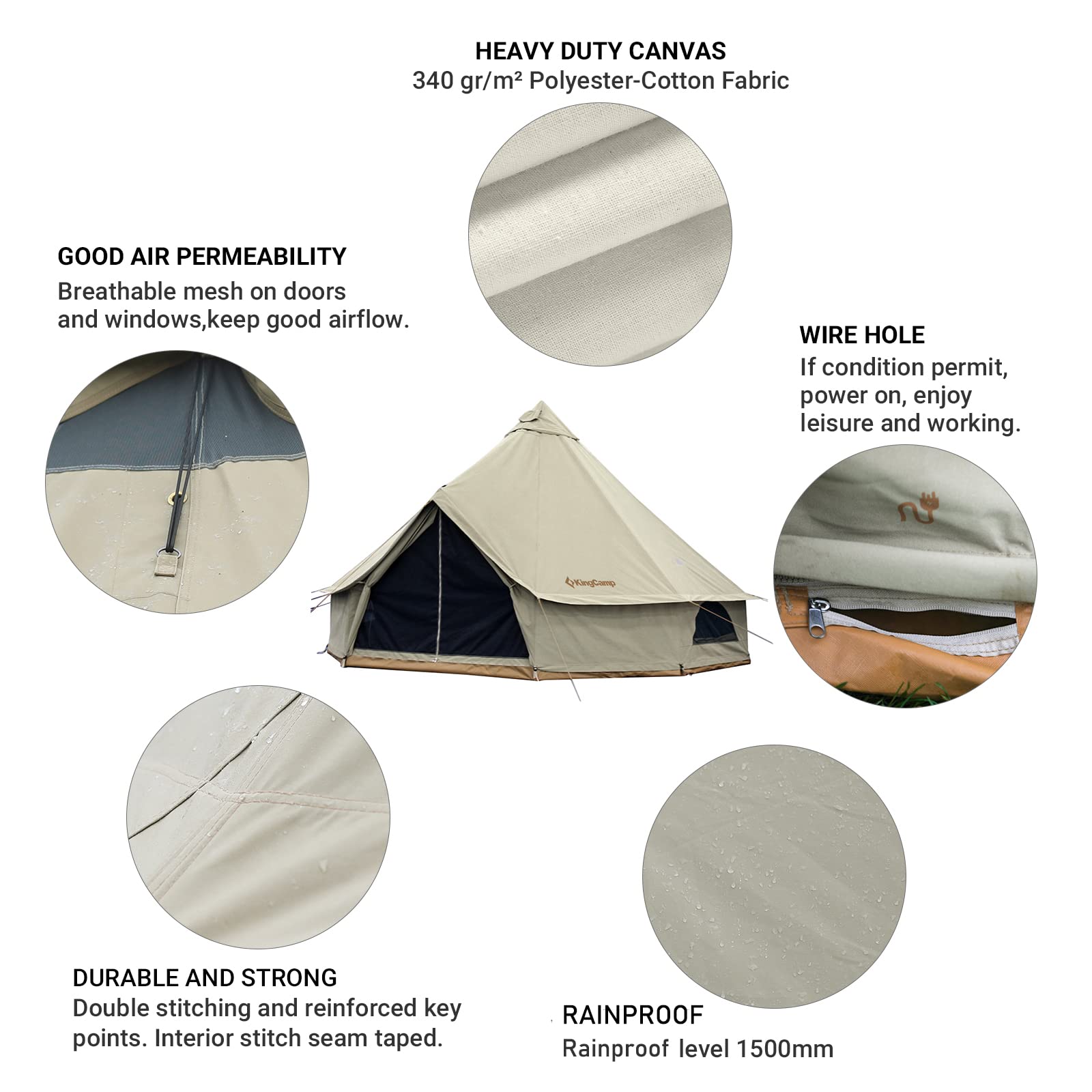 KingCamp Glamping Tent for 4 Seasons, 13.2ft/16.4ft Large Waterproof & Windproof Luxury Bell Yurt Tent w/Stove Jack, Spacious for Family Camping Hunting Parties