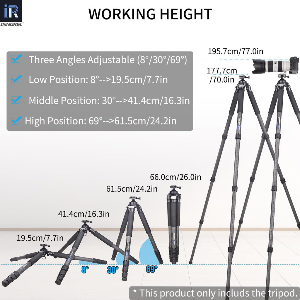INNOREL Carbon Fiber Tripod for Hunting, 360° Large Ball Head(2.17"), with Arca Swiss Dovetail Mount, 70" Hevy Duty Stable Tripod for Photography and Outdoors, Max Load 77lb/35kg, P364C