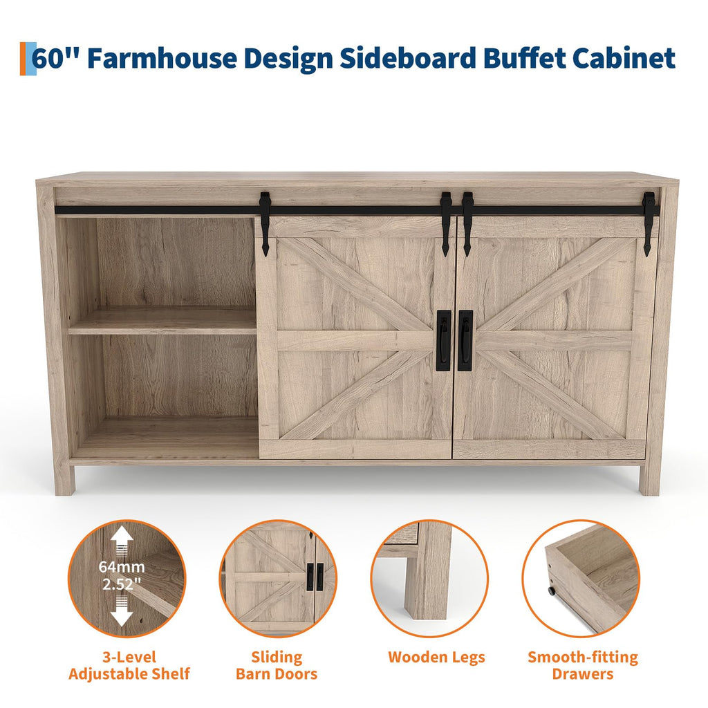 IDEALHOUSE 60" Farmhouse Sideboard Buffet with Storage Drawer & Sliding Barn Doors | Rustic Wood Coffee Bar Cabinet | Multi-Functional for Dining Room Kitchen, As TV Stand & Console Table